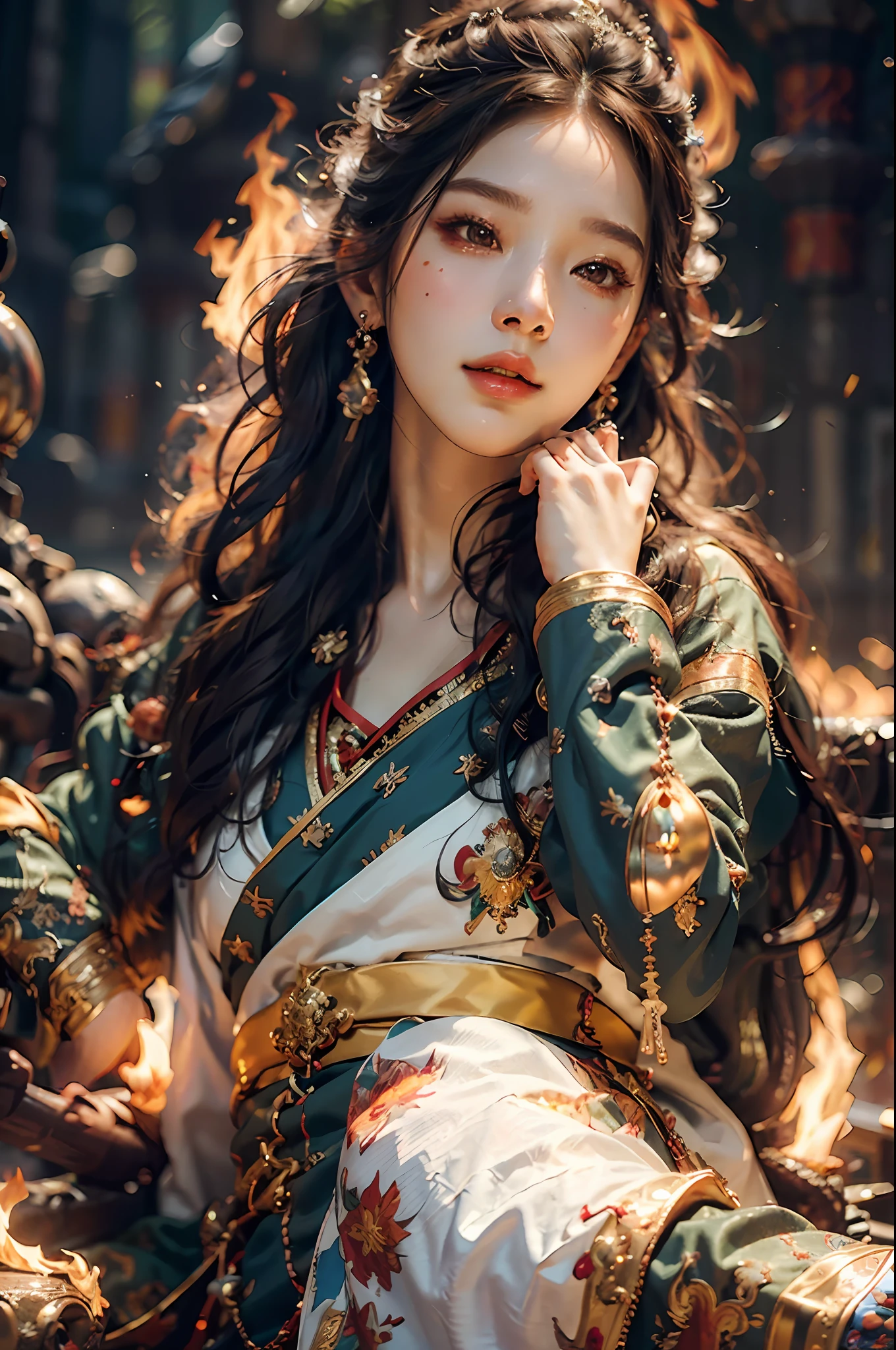 Best quality,masterpiece,ultra high res,(photorealistic:1.4)1girl,beautiful_face,detailed skin,full body,yuhuoshu,jewelry,solo,earrings,(fire:1.3),blurry,realistic,lips,