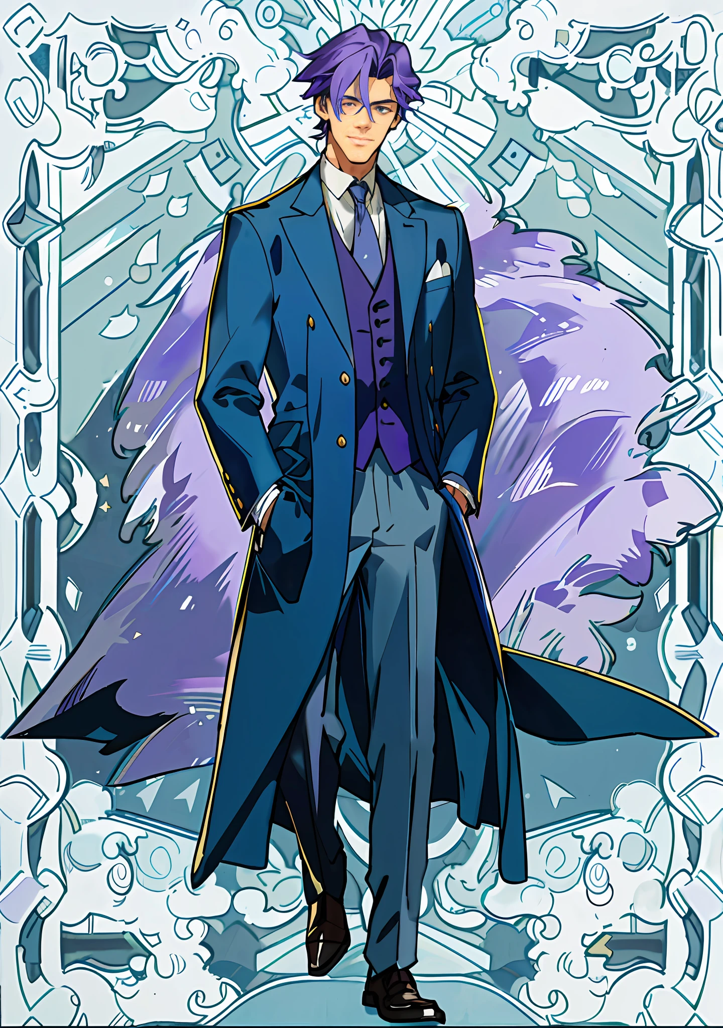 (City view: 1.1 + British style: 1.1), a masterful picture quality work, the protagonist is a handsome man in his thirties and forties, with single hair, purple hair, blue pupils, wearing shabby lawyer clothes, coats, and the background is British style, generating a higher resolution picture.