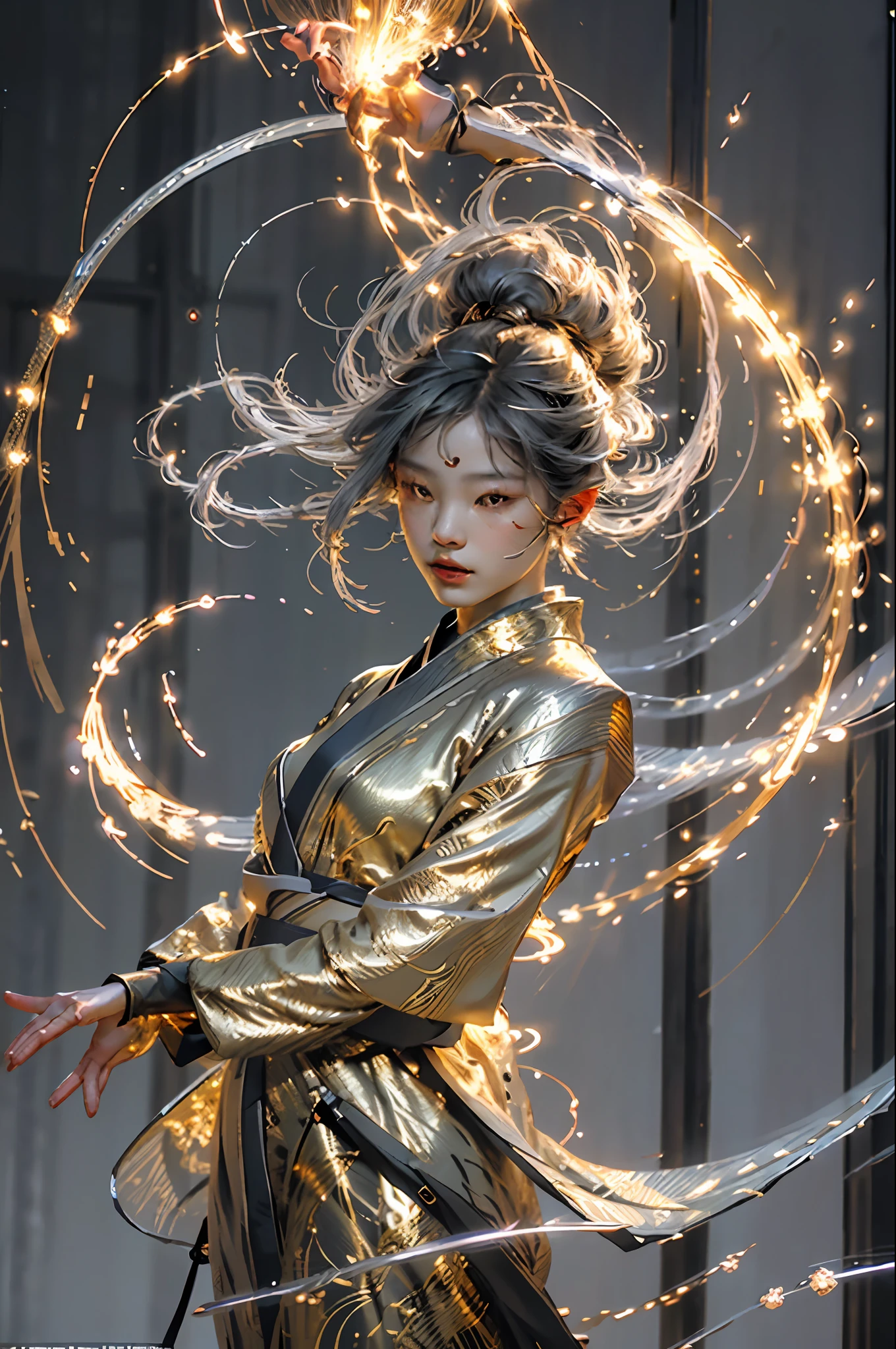 Best quality,masterpiece,ultra high res,solo,1girl, ,roujinzhi,Chinese Zen style,impactful picture,translucent and glowing metallic patterns,(glowing metal objects hovering in the air and surrounding him:1.2),(Electric arcs and sparks:1.2),(flow of energy:1.2),(translucent magnetic lines:1.2),(golden silver grey and shimmering light effects:1.2),