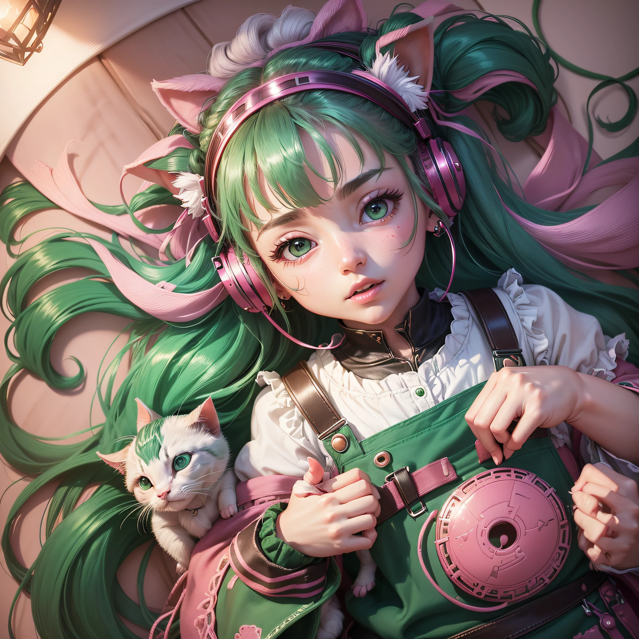 (Extremely detailed CG Unity 8k wallpaper, masterpiece, best quality, super detailed), (best lighting, best shadow, extremely delicate and beautiful), floating, [(Headbands, earrings, (green: 1.5|red: 1.2) braided pig's tail hair with kitten headphones, (pink: 1.3) overalls) :: 0.8] --auto --s2