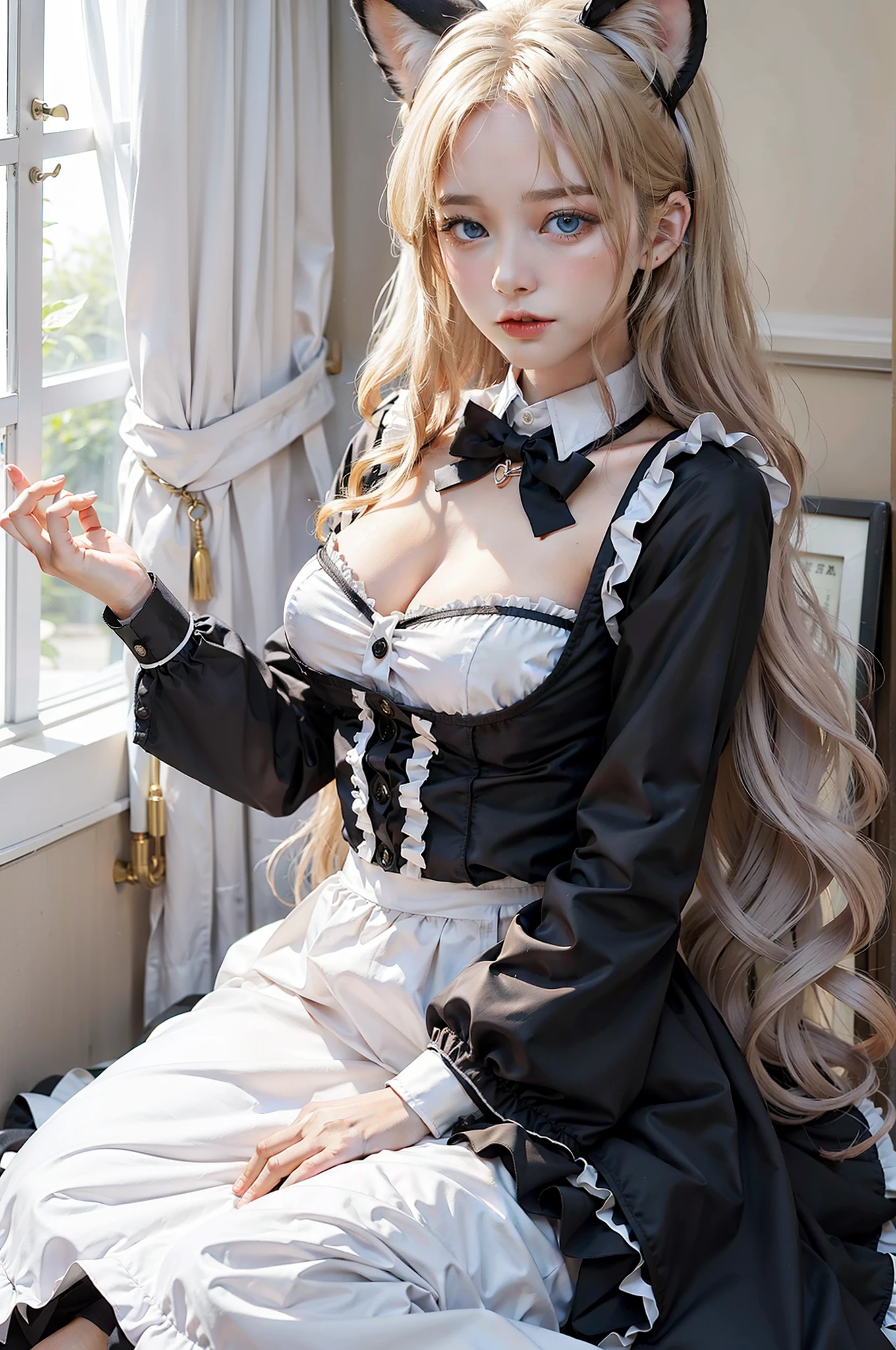 Woman with ,golden curly hair,Blue eyes,white fox ears,,black dressed as a maid