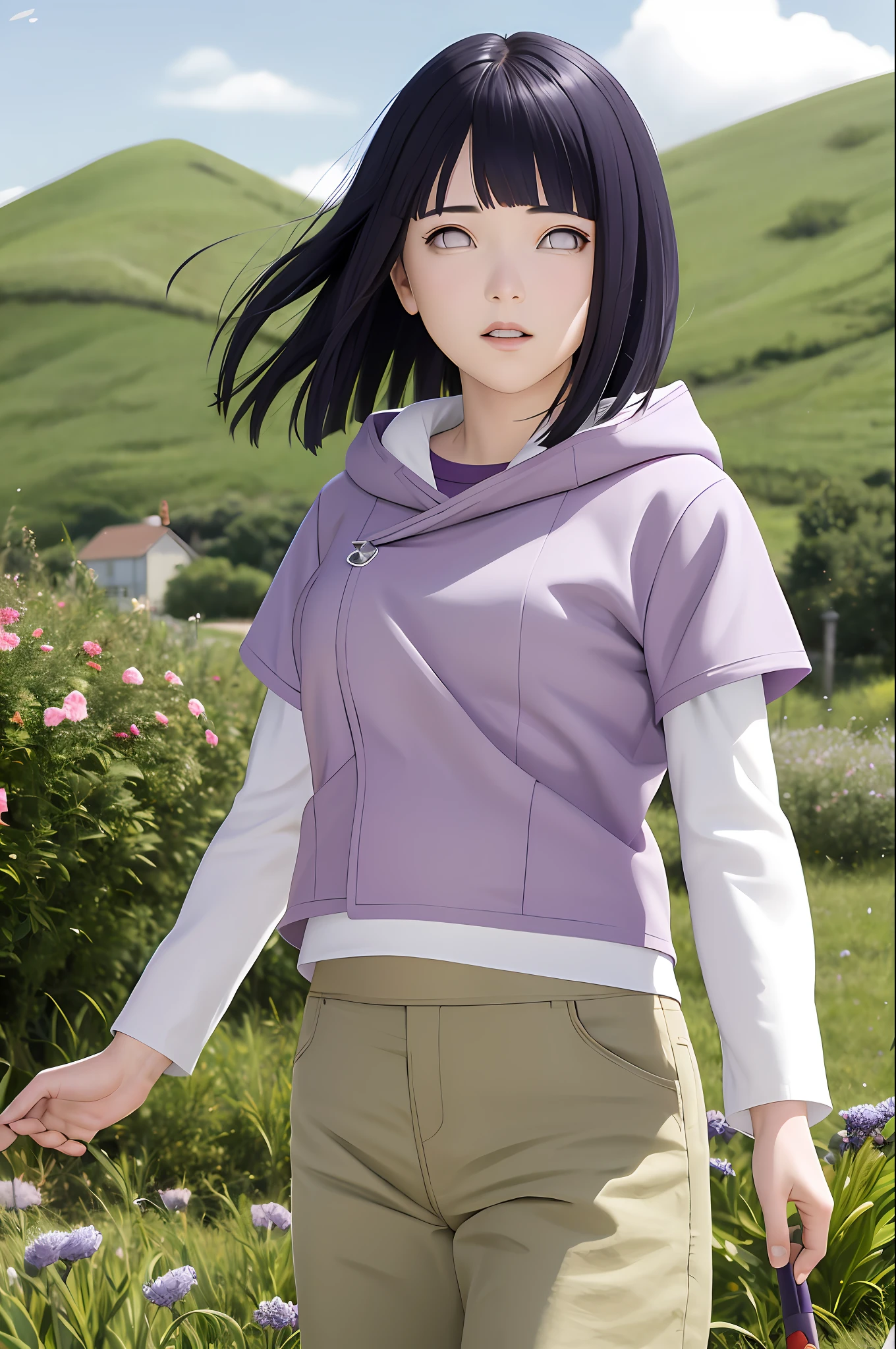 masterpiece, absurdres, hinata\(boruto\), 1girl, solo,mature female, purple hoodie,layered sleeves, brown pants, outdoors,lavender flower field, wind, floating hair, looking at viewer, (falling petals), cloudy sky, perfect composition, detailed lips, medium breast, beautiful face, body propotion, blush, soft smile, light smile, red lips,
