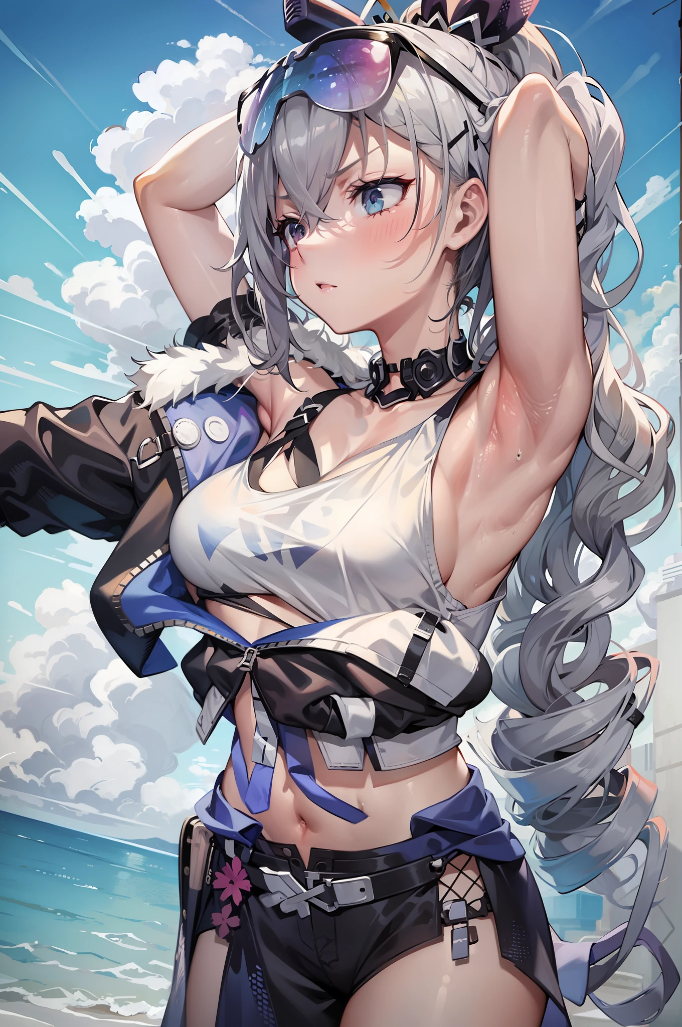 Exposed side breasts, raised arms showing sweaty armpits, shy