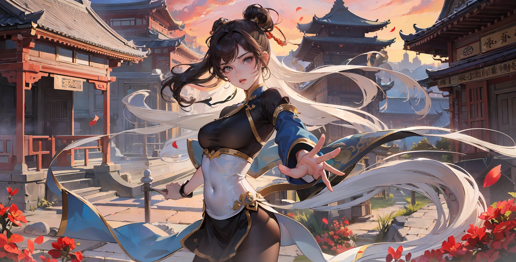((Best Quality, 8K, Masterpiece: 1.3)), Chun Li, Masterpiece, Ultra Detail, Ultra HD, 8K, ((Black Pantyhose)), White High Boots, Street Fighter Chun Li, 1girl, Solo, Best Quality, Realistic, Ultra Detailed, (Shiny Skin, Sweating: 1.4), Looking at the Audience, Brown Eyes, Slender, Dynamic Light and Shadow, High Resolution, Sharp Focus, Depth of Field, Fine Eyes, Sharp Pupils, Realistic Pupils, (Thigh Thickness: 1.3), Outdoor, Sky, Detailed Eyes, Backlight, Best Light and Shadow, Intricate Details, Ultra-Detailed Details, Capcom Chunli, Upper Body Close-up, Small Thin Waist, Slim Belly, Character Standing, Sideways, Looking Back, Big Eyes, Long Eyelashes, Delicate Nose, Instagram Style Girl, Kung Fu Pose, (Upper Portrait: 1.5), Above the Waist Frame, Perfect Digital Illustration, Computer Background, Wind, Petals, Long Flowing Hair, Artistic Conception, Messy Red Petal Background, Ancient Chinese Buildings, Temples, Temples, Mountain Roads in the body