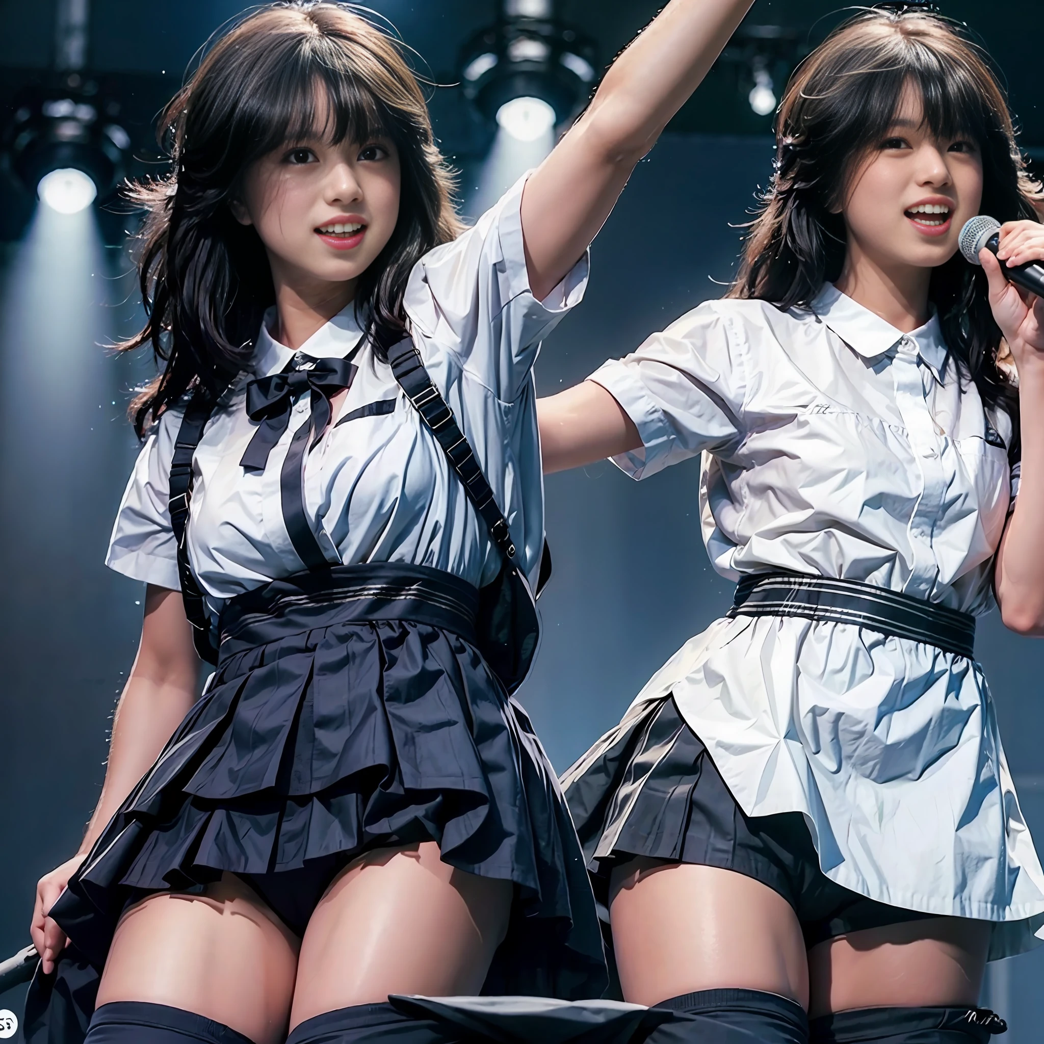 (Masterpiece, Realistic, Ultra High Definition, Best Quality: 1.2), Girl Alone, Solo, (Young), No Makeup, (Black Hair), Smile, Japan Idol, Singing on Stage, Holding Microphone in Hand, Uniform, Sailor Suit, Armpits, Thighs, (Akina Nakamori), Photorealistic, Stage Lighting, Live Venue, Stage Spotlight, Lights Version, ( pureerosface_v1:0.8)