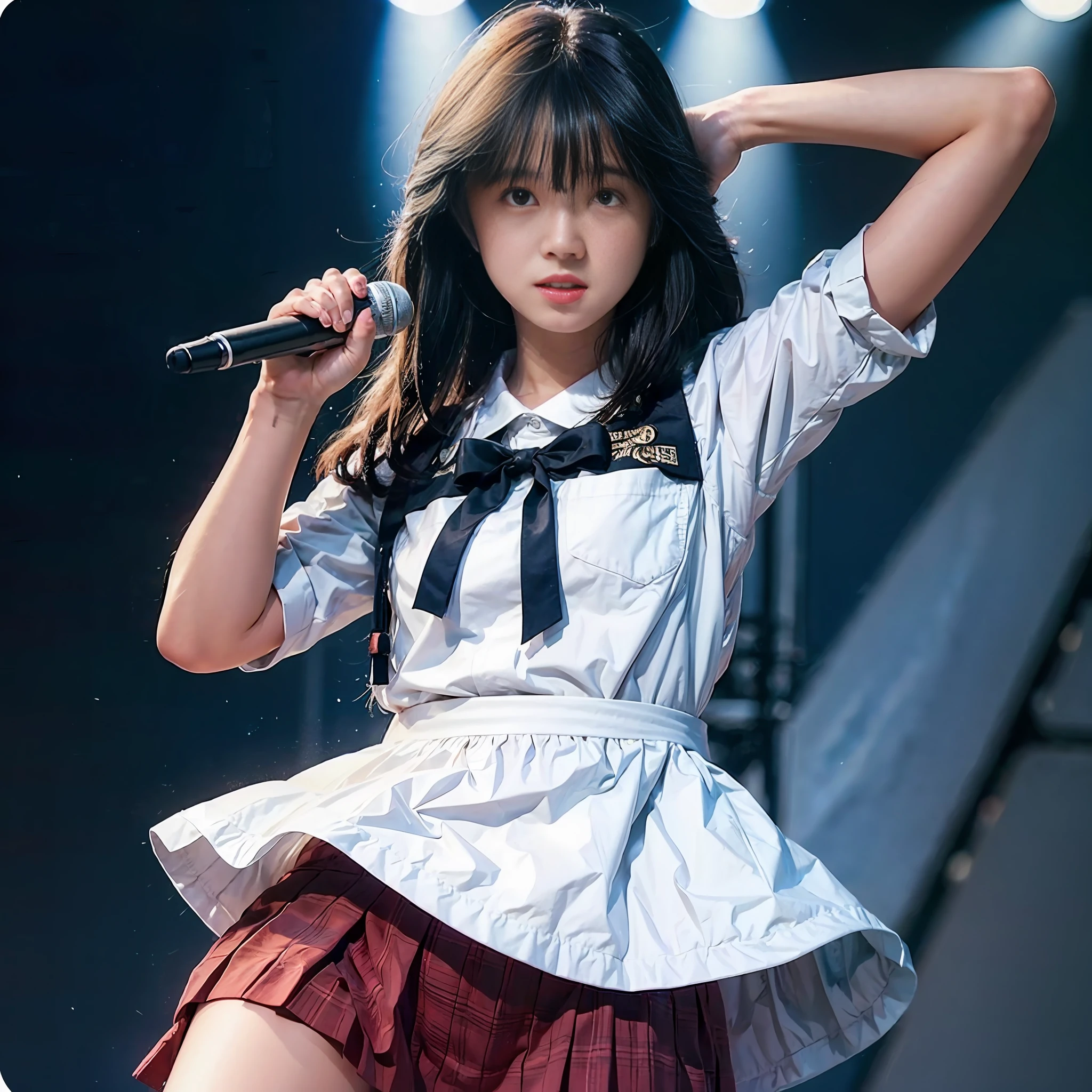 (Masterpiece, Realistic, Ultra High Definition, Best Quality: 1.2), 1girl, Solo, Young, No Makeup, (Black Hair), Smile, Japan Idol, Singing on Stage, Holding a Microphone in Hand, Uniform, Sailor Suit, Armpits, Thighs, (Akina Nakamori), Photorealistic, On Stage, Stage Lighting, Live Venue, Stage Spotlight, Lights Version, (pureerosface_ v1:0.8)