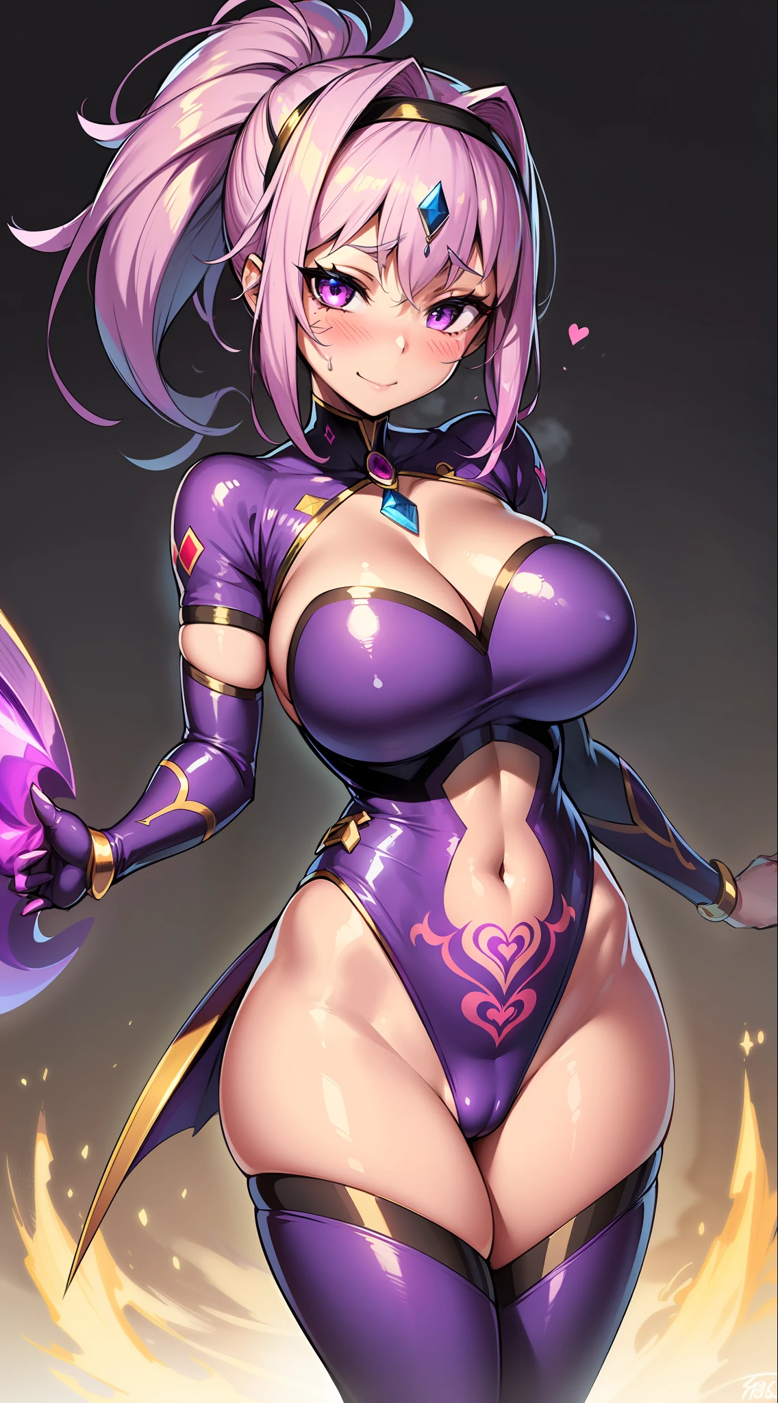 (HD, Sharp, Fractal), 1 Woman, Super Glossy Skin, Magical Girl, (crotch tattoo:1.1), Head visor, Golden and purple costume,Gorgeous costume, 18 years old, Face feeling pleasure, Magic stone on chest, Big,