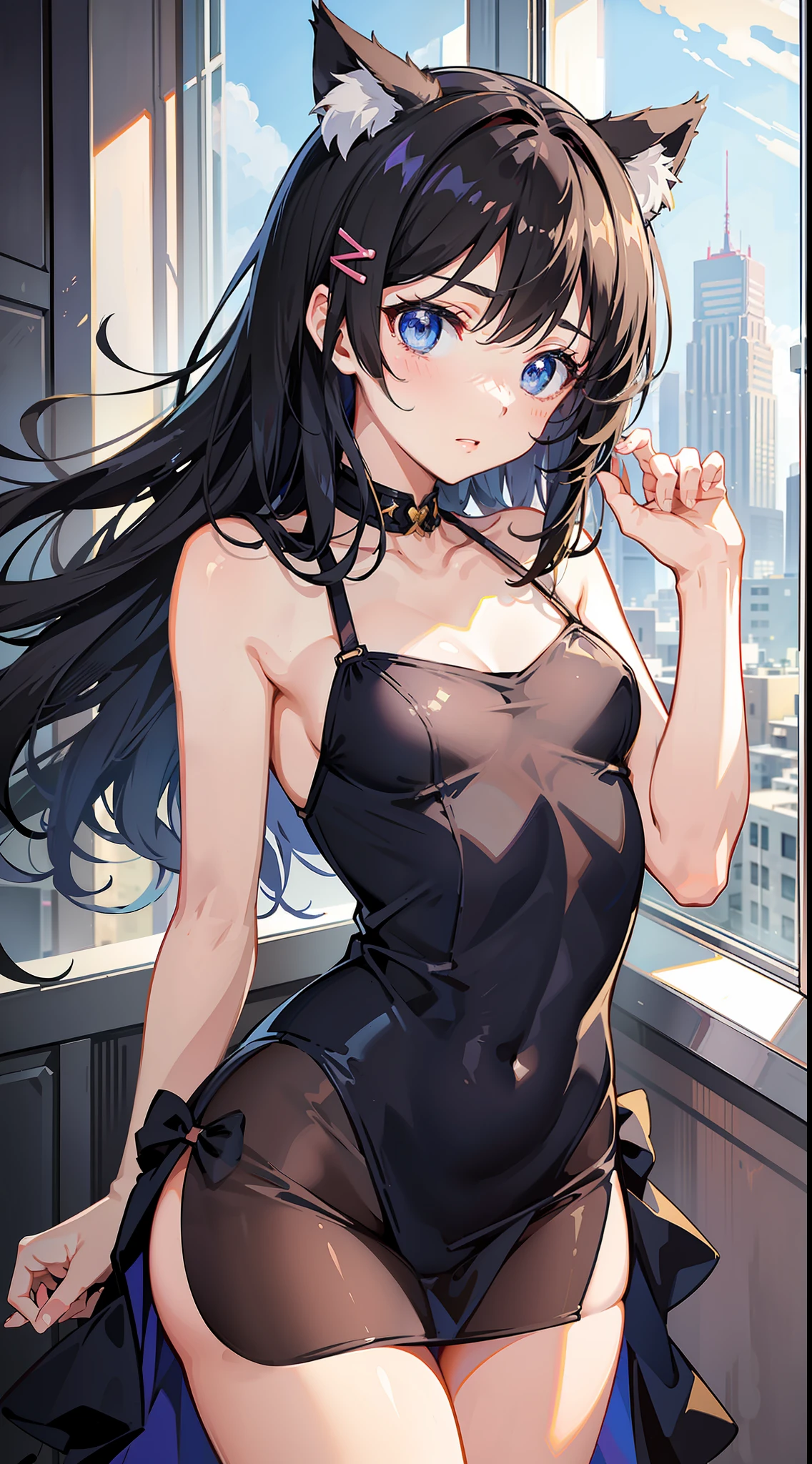 Catgirl, Young girl, Soft, Delicate, Petite, Flexible, Fair skin, Smooth texture, Small and well-shaped breasts, Round and elastic buttocks, Black hair, Translucent light blue eyes, Exquisite facial features, Silky and smooth skin, Bright and watery eyes, Cute lips, Dark black hair, Light hair clip, Graceful body curves, Slim and slender figure, Cute dress, Cute sneakers, Adorable hair clip, AA-cup,身高145cm,