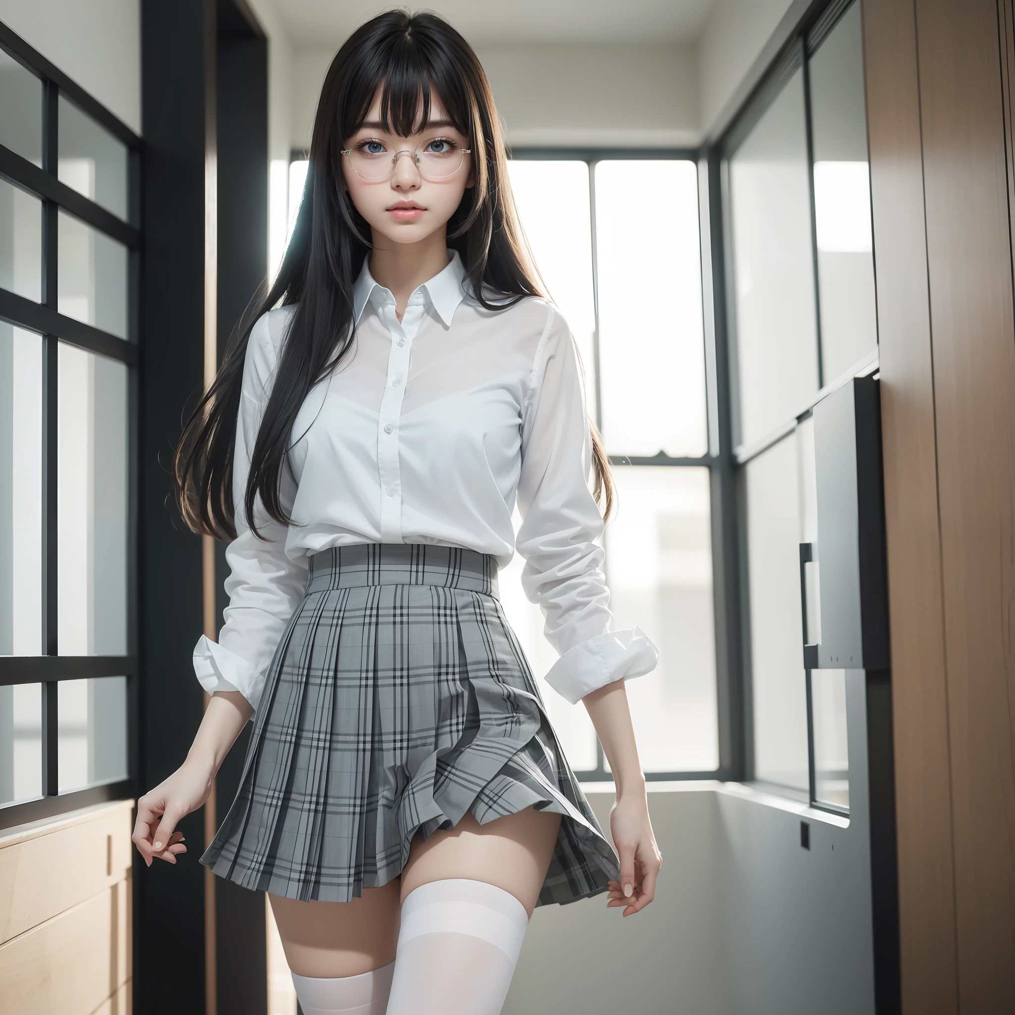 (8K, RAW Photo, Best Quality, Masterpiece: 1.2),Solo,Glasses,Standing,Small,(Realistic, Photorealistic:1.37), Best Quality, Ultra High Resolution, Photon Mapping, Radiosity, Physically Based Rendering, Blurred, Foreground, Depth of Field, Blurry Background, Photo_\(Medium), Motion Blur, Girl, (Full) Body), Long Legs, Slender Legs, Long hair, Bangs, (bangs visible), hair_ornament, Lips, blue_eyes, Nosesoft, China, White shirt, Grey plaid pleated skirt, Sheer clothing, Black loafers, Thigh Hai, Black cotton socks,