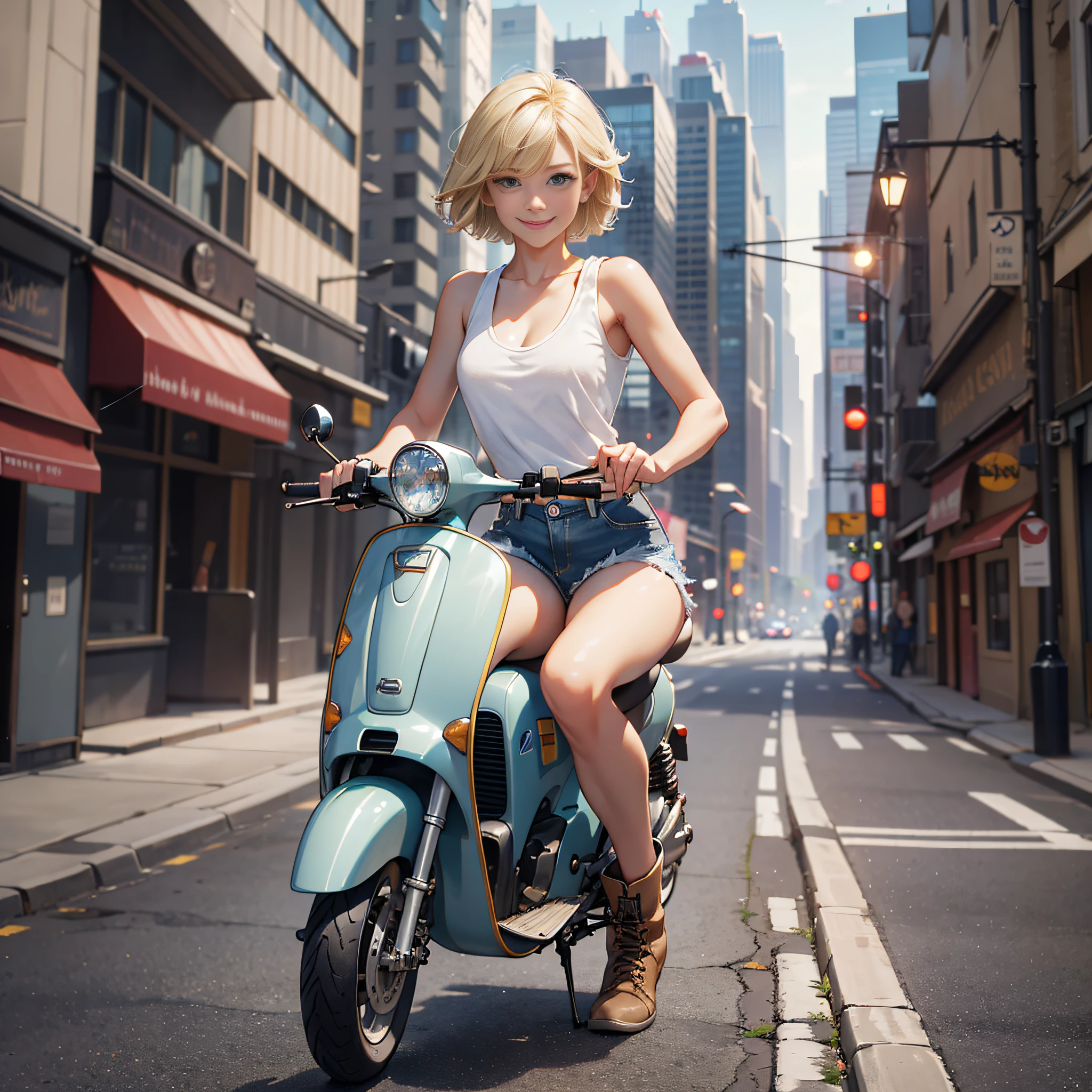 {{masterpiece, best quality, extremely detailed CG, unity 8k wallpaper, cinematic lighting}}, A city with a harbor and an e-scooter. The protagonist is a stunning upper body girl 1 person blonde short bob silver smile, wearing a white tank top, distressed denim shorts, engineer boots, and riding the e-scooter. beauty,