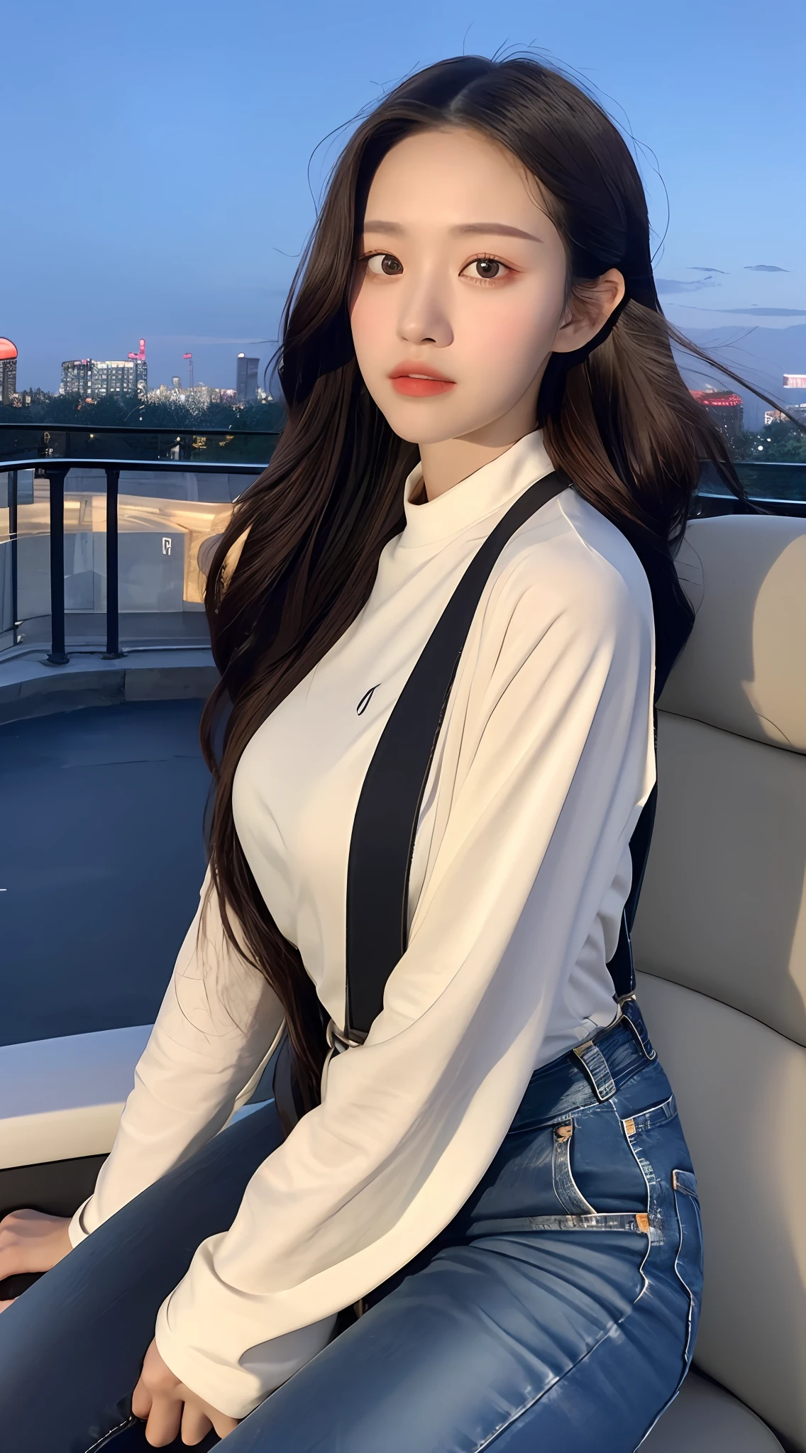 ((Midnight, Acura, 8K, Masterpiece: 1.3)), Full body, Long legs, Focal length: 1.2, Perfect Body Beauty: 1.4, Slim Abs: 1.1, ((Dark Brown Hair, Big Breasts: 1.2 )), (White Skinny T-shirt, Denim Suspenders, Standing: 1.2), ((City Night View, Roof: 1.3)), ((Front Seat)) (Front Gaze Lens) Highly detailed face and skin texture, detailed eyes, double eyelids