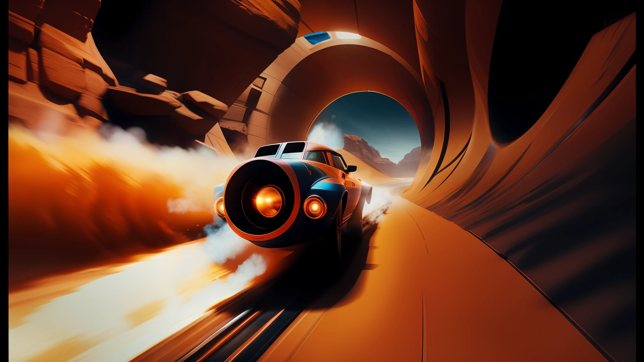 there is a man riding a car on a track in a tunnel, 4 k resolution blade runner, jet engines, abduzeedo, jodorwoski's dune, strong blue and orange colors, flares anamorphic, computer graphics, still from despicable me 2010, featured on dribble, sandworm, from a 2 0 1 9 sci fi 8 k movie