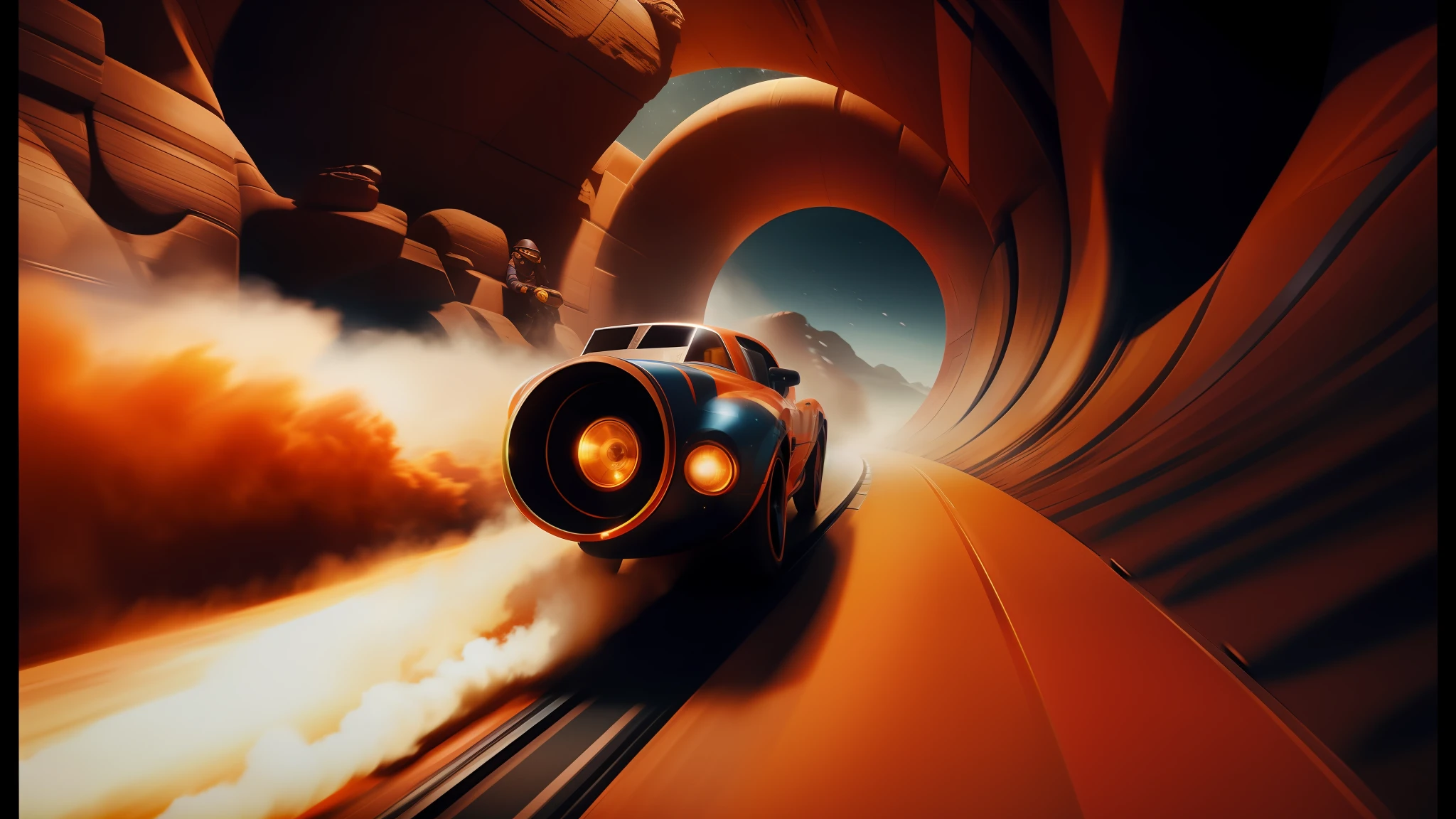 there is a man riding a car on a track in a tunnel, 4 k resolution blade runner, jet engines, abduzeedo, jodorwoski's dune, strong blue and orange colors, flares anamorphic, computer graphics, still from despicable me 2010, featured on dribble, sandworm, from a 2 0 1 9 sci fi 8 k movie