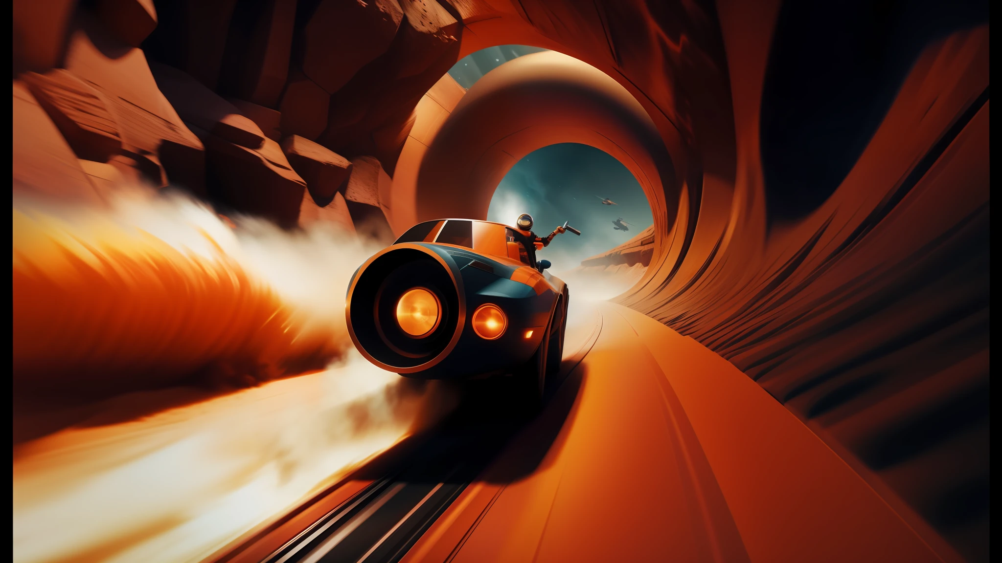 there is a man riding a car on a track in a tunnel, 4 k resolution blade runner, jet engines, abduzeedo, jodorwoski's dune, strong blue and orange colors, flares anamorphic, computer graphics, still from despicable me 2010, featured on dribble, sandworm, from a 2 0 1 9 sci fi 8 k movie