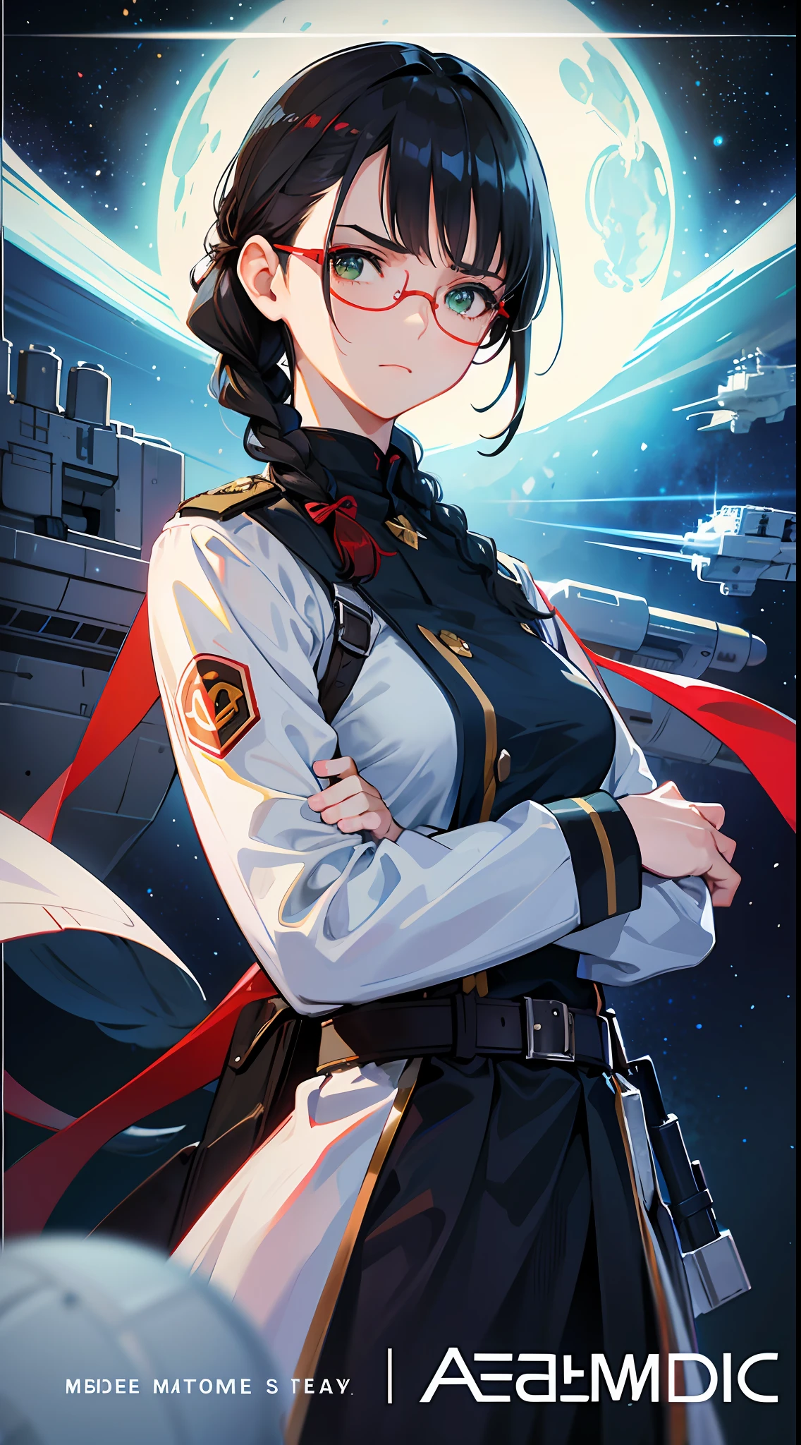 Movie Poster,((Braid Hairstyle : 1.5)),Anime Reference 86 ,Science Fiction,Sci-Fi,Movies,War Action Movies,Space,Atmosphere,Sky,Battleship,Multiple Characters,Women,Adults,Green Eyes,Black Hair,(Pia bangs hairstyle) : 1.8 ),(Red Glasses),General Uniform,White Commander Uniform,Serious Face Frowning,Realistic Face Detail,Realism,3D Face,