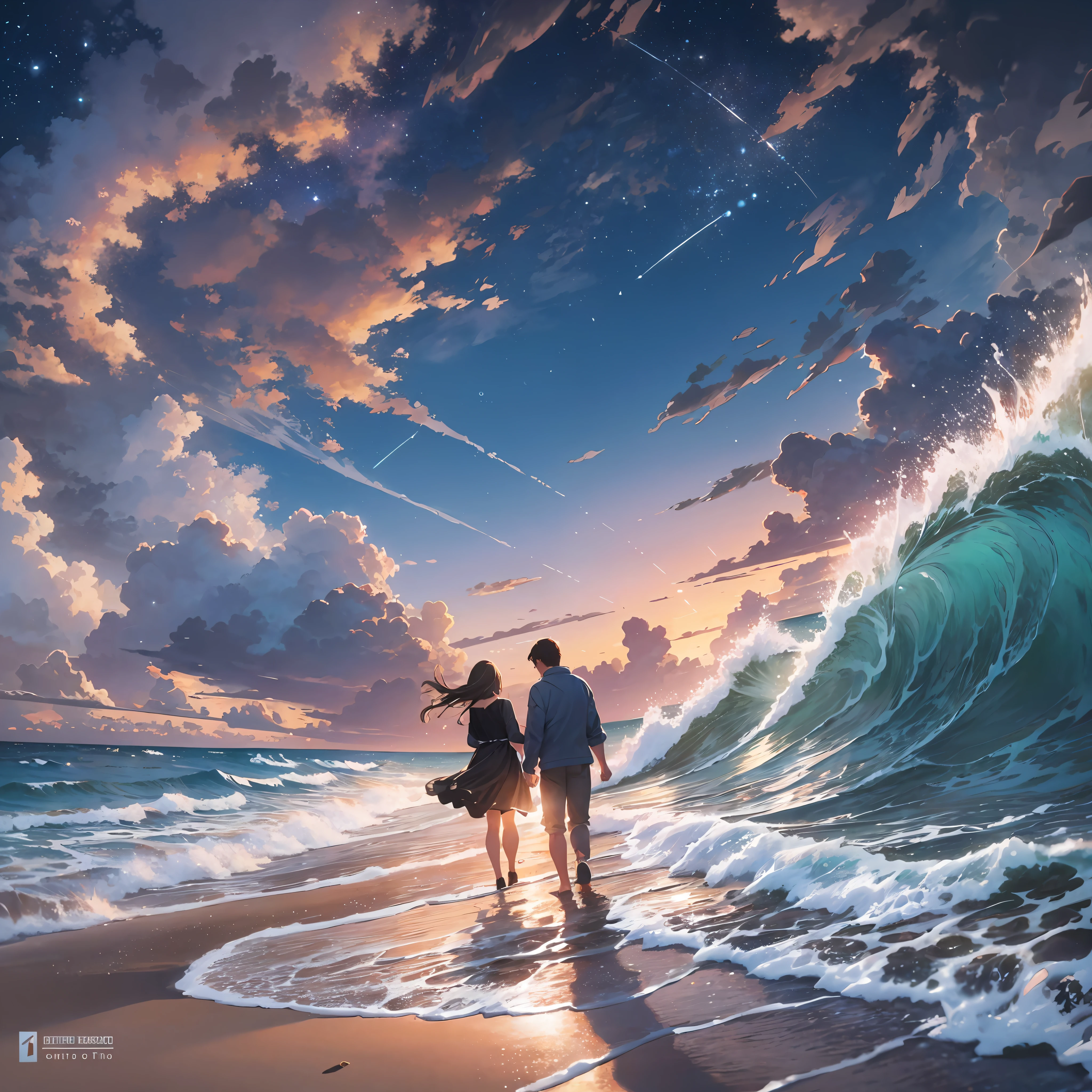 Night covers the sea, the breeze blows through the waves, and the tide spreads on the beach. The lights in the distance are dotted, like pearls scattered in the night. On the coast, a couple of lovers are strolling, and soft music lingers around them, conveying deep emotions. They walked hand in hand, step by step, on the beach, as if the whole world was left with just the two of them. The sea beside them is like the love in their hearts, boundless and vast, never stopping. This scene is like a world away, but in this West Sea love song, with the melody constantly emerged. Comic book style, 4K Ultra HD --auto --s2