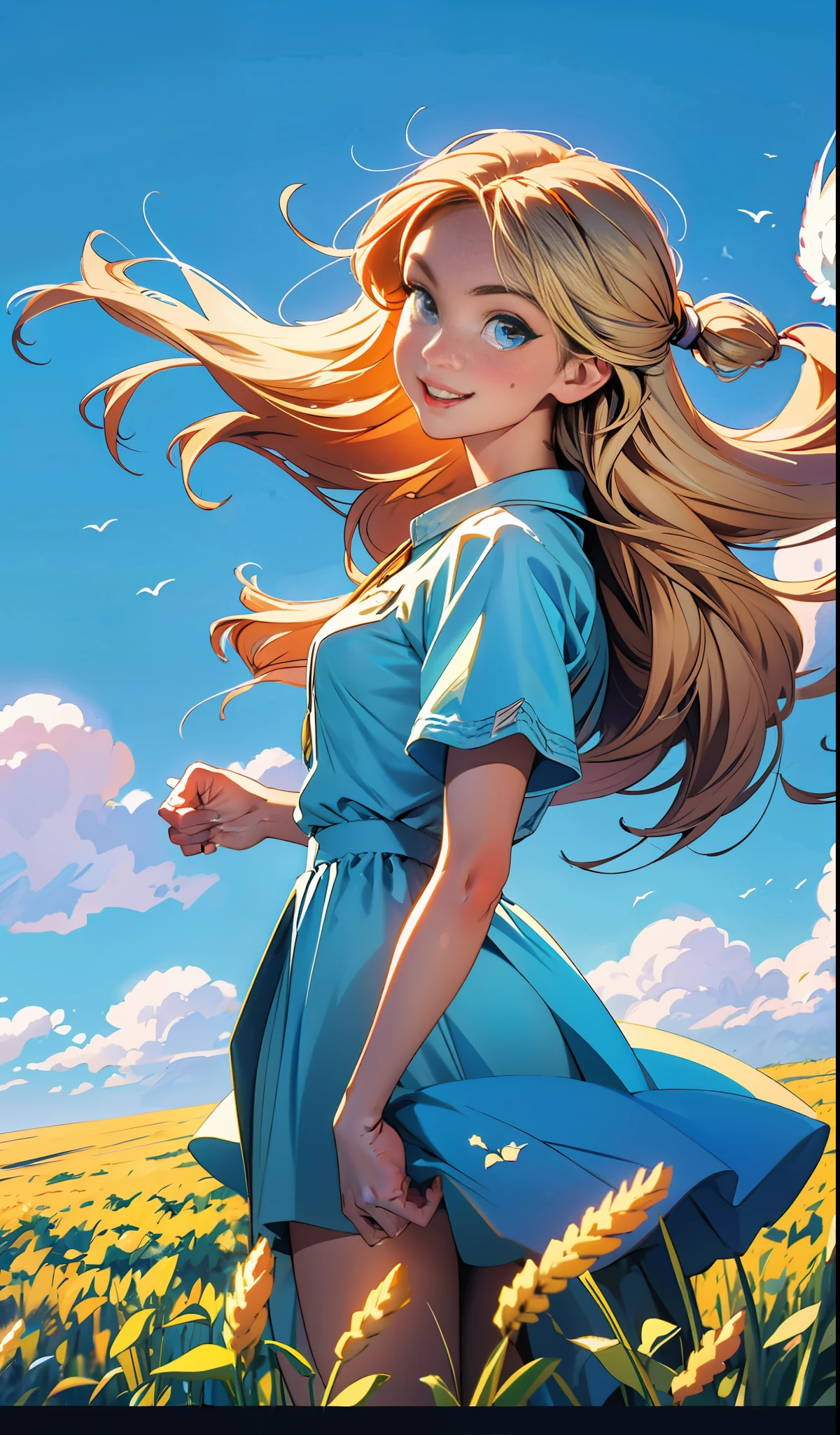 Cinematic lighting, cinematic style, best quality, blonde hair, (front face: 1.4) (European and American girls: 1.4), blue dress, plaid pattern, jeans, loose clothes, 18 years old, double eyelids, 1girl, middle points, flowing hair, delicate hair, real, background blurred, country roads, windy blowing, blue sky and white clouds, eye shadow, front face, smile, wheat field, farm, apple tree, in the field, pull up skirt