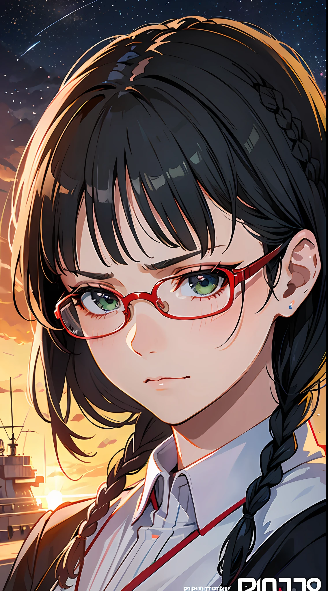 Movie Poster,((Braid Hairstyle : 1.5)),Anime Reference 86 ,Science Fiction,Sci-Fi,Movies,War Action Movies,Space,Atmosphere,Sky,Battleship,Multiple Characters,Women,Adults,Green Eyes,Black Hair,(Pia bangs hairstyle) : 1.8 ),(Red Glasses),General Uniform,White Commander Uniform,Serious Face Frowning,Realistic Face Detail,Realism,3D Face,