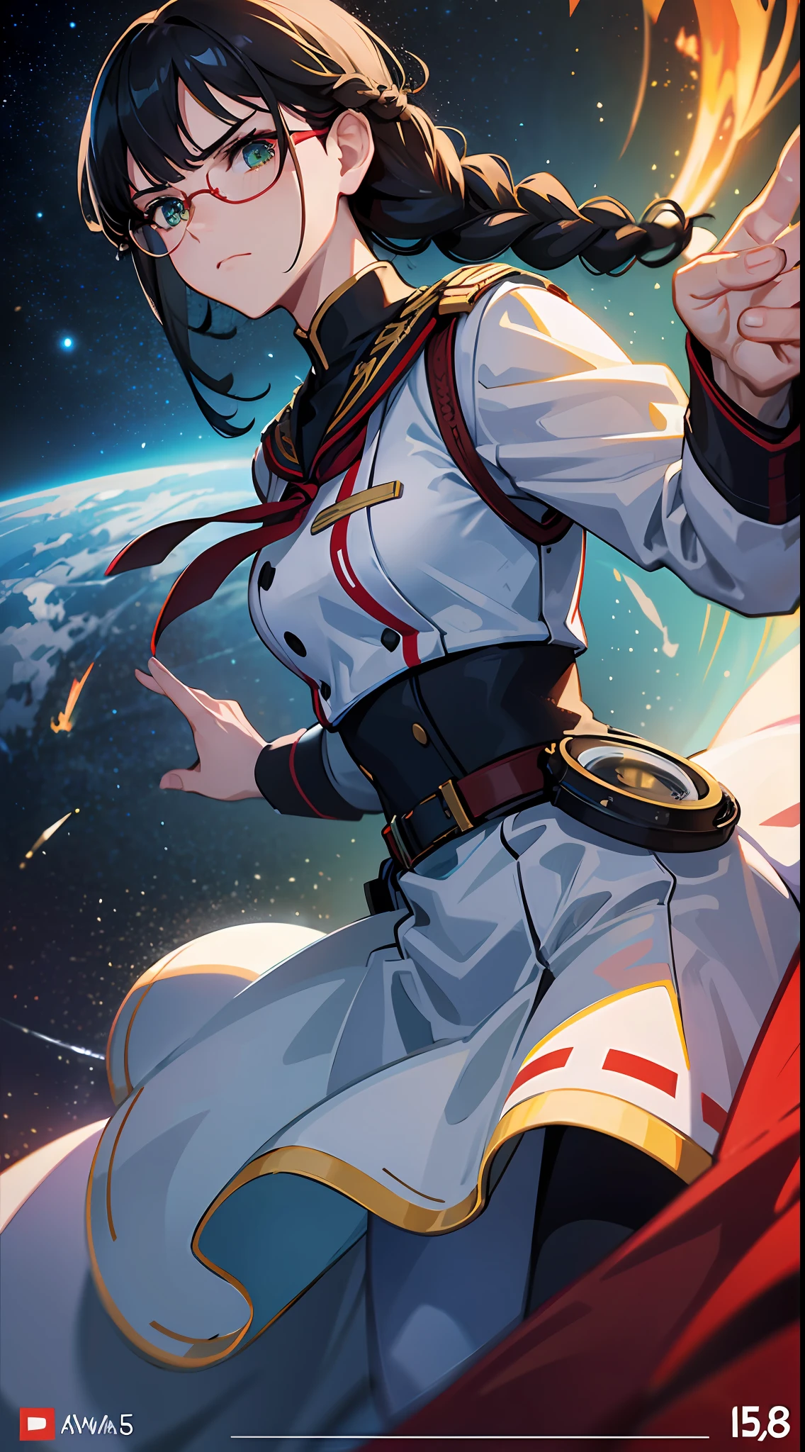 Movie Poster,((Braid Hairstyle : 1.5)),Anime Reference 86 ,Science Fiction,Sci-Fi,Movies,War Action Movies,Space,Atmosphere,Sky,Battleship,Multiple Characters,Women,Adults,Green Eyes,Black Hair,(Pia bangs hairstyle) : 1.8 ),(Red Glasses),General Uniform,White Commander Uniform,Serious Face Frowning,Realistic Face Detail,Realism,3D Face,