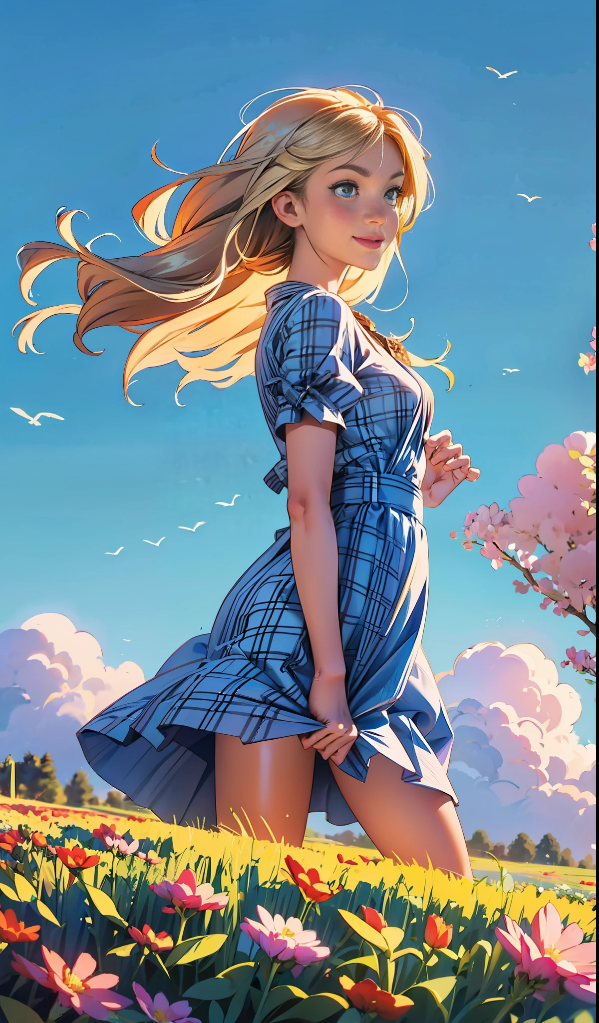 Cinematic lighting, cinematic style, best quality, blonde hair, (front face: 1.4) (European and American girls: 1.4), blue dress, plaid pattern, jeans, loose clothes, 18 years old, double eyelids, 1girl, middle points, flowing hair, delicate hair, real, background blurred, country roads, windy blowing, blue sky and white clouds, eye shadow, front face, smile, wheat field, farm, apple tree, in the field, pull up skirt