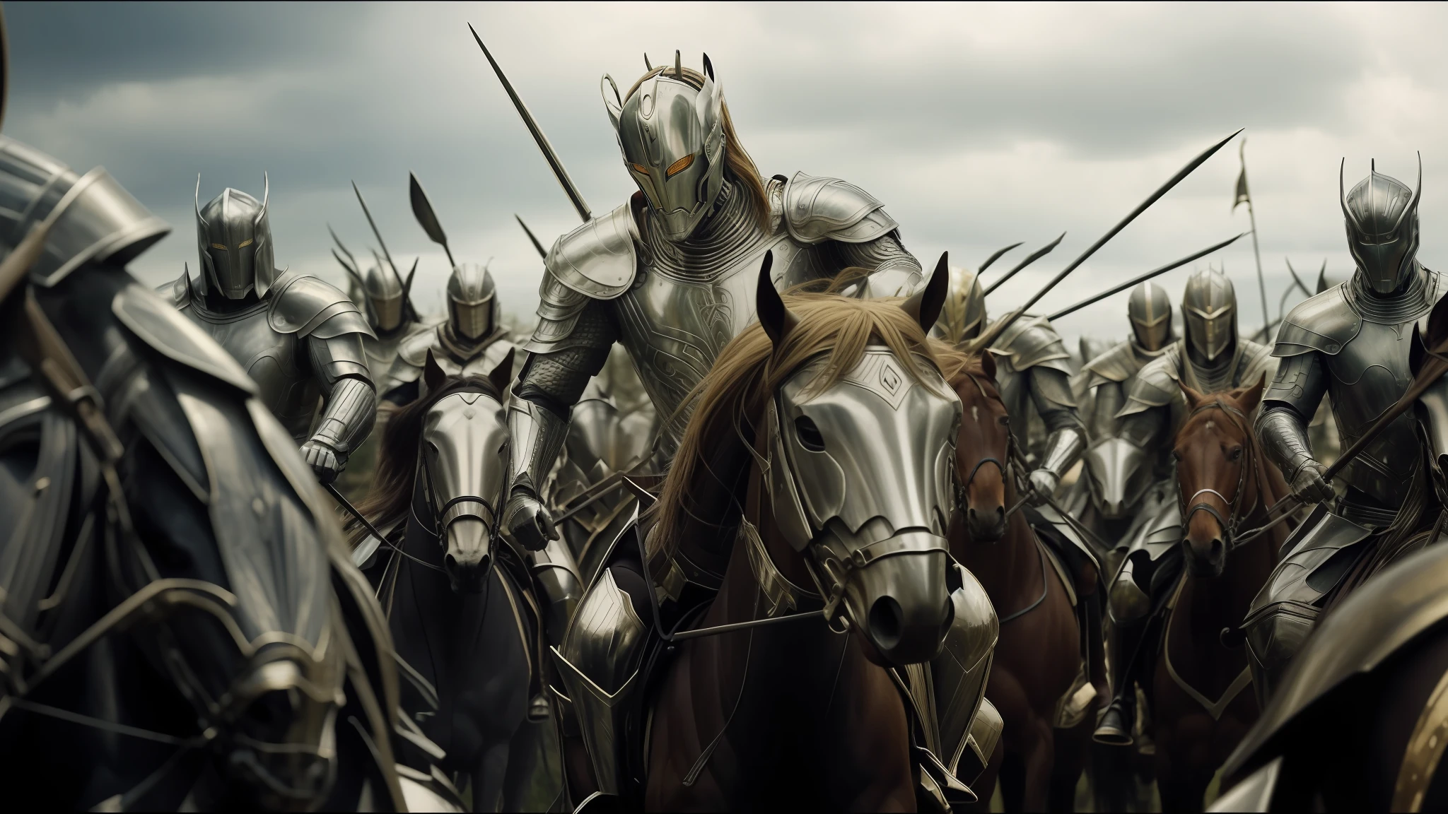 Plowed image of a group of men riding horses in a field, Lord of the Rings, still from the film, silver armor with golden details, Ultron, an evil army, made of liquid metal, strong images, elegant armor, style frame, armor made of bark
