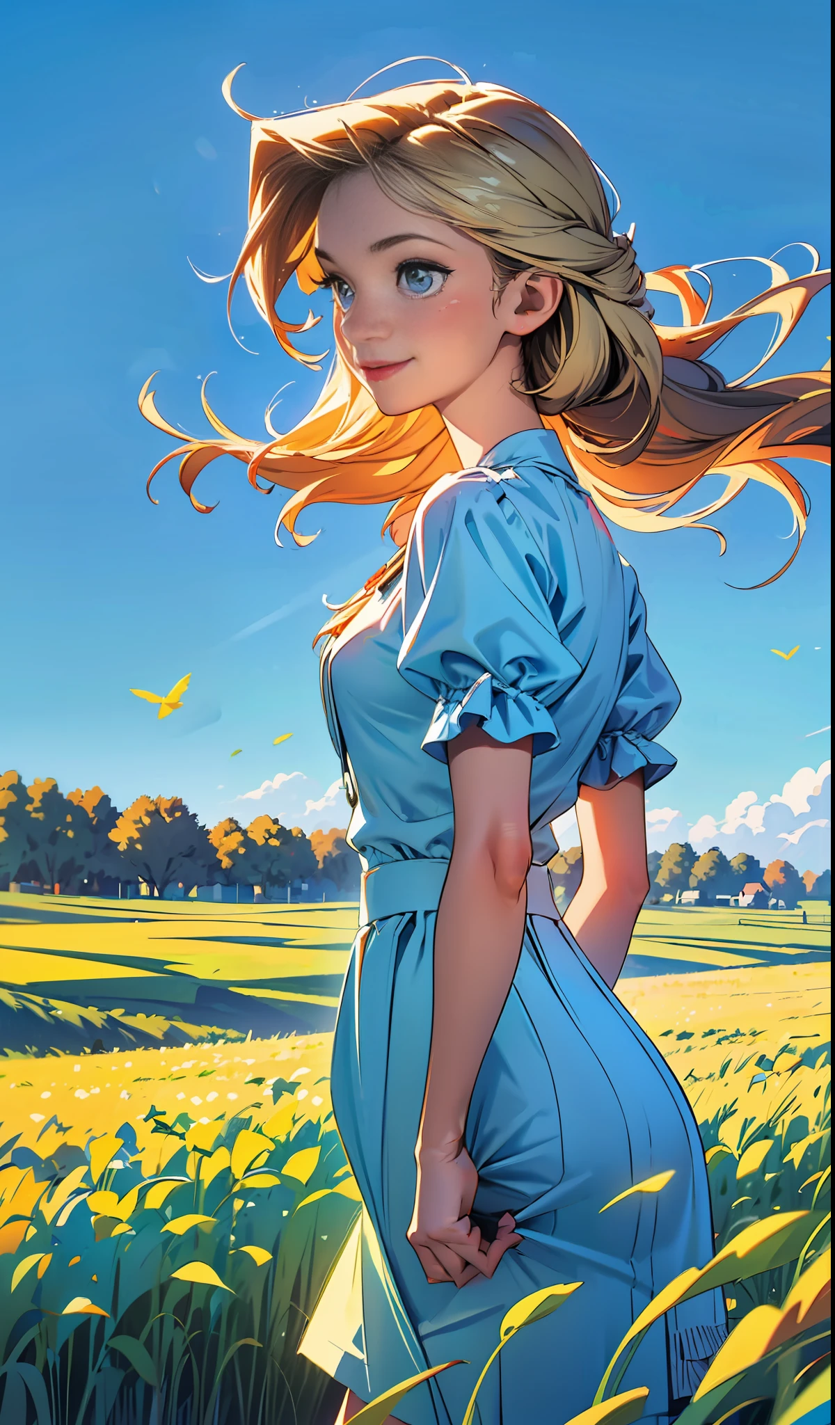 Cinematic lighting, cinematic style, best quality, blonde hair, (front face: 1.4) (European and American girls: 1.4), blue dress, plaid pattern, jeans, loose clothes, 18 years old, double eyelids, 1girl, middle points, flowing hair, delicate hair, real, background blurred, country roads, windy blowing, blue sky and white clouds, eye shadow, front face, smile, wheat field, farm, apple tree, in the field, pull up skirt