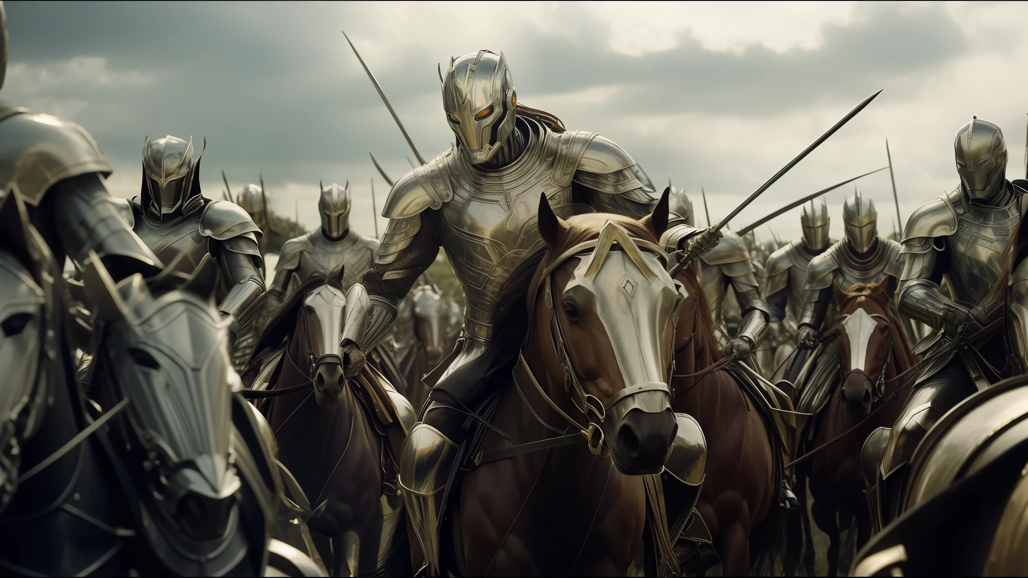 Plowed image of a group of men riding horses in a field, Lord of the Rings, still from the film, silver armor with golden details, Ultron, an evil army, made of liquid metal, strong images, elegant armor, style frame, armor made of bark