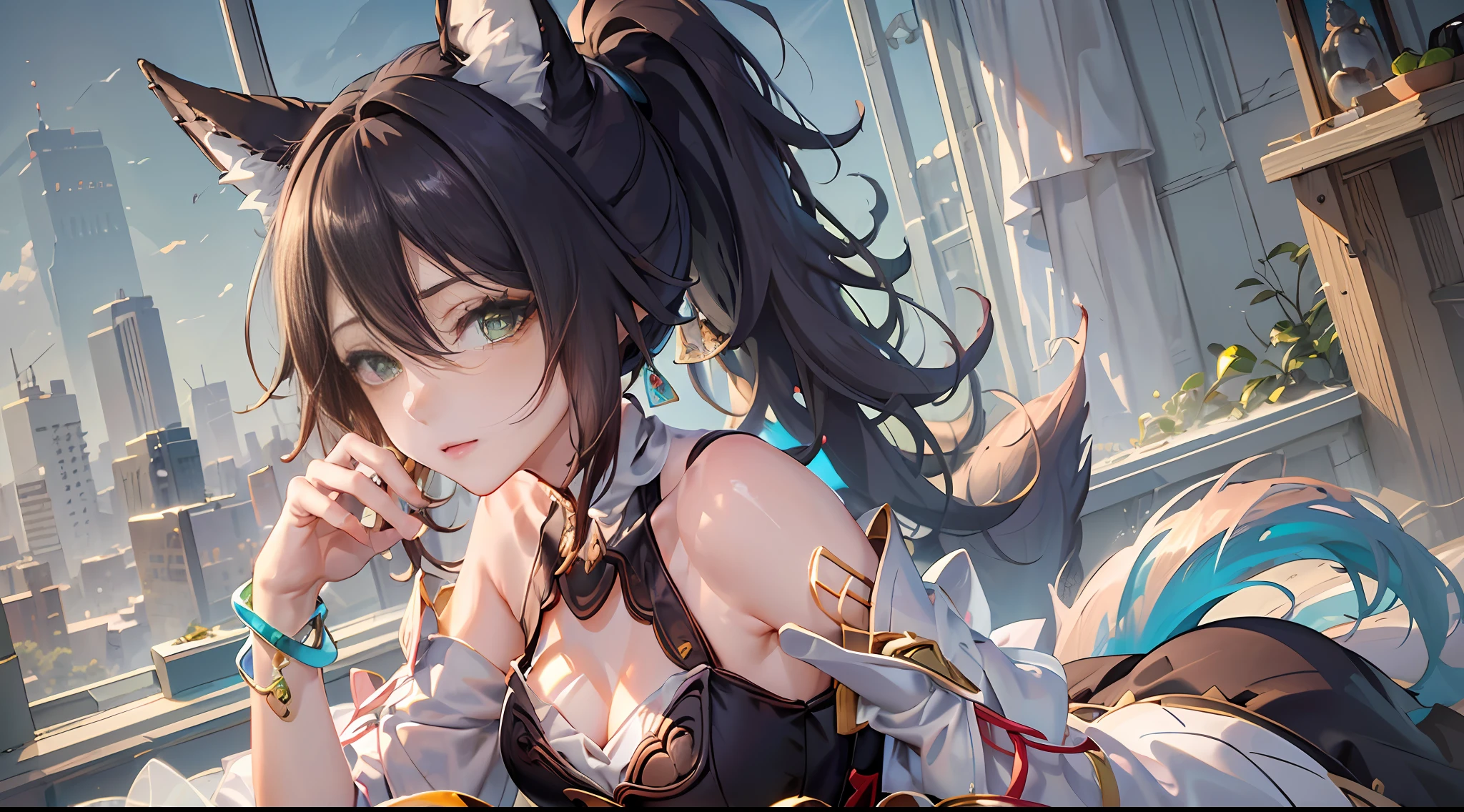 (Best quality: 1.3), (Masterpiece: 1.3), (Ultra Detail: 1.3), (wallpaper, 1girl, solo, official, brown hair, animal ears, ponytail, hair ornament, green eyes, red eyeshadow, jewelry, detached sleeves, medium breasts, dress, 狐狸 tail, bracelet: 1.1),([diamond:1.3|eyes]:1.2), ([opal:1.9|gradient_hair:1.3]:1.2), (hair dripping:1.25), (detailed hands and fingers:0.9),,tbcc illustration,(detailed super oily shiny skin:1.1),([wet:0.8|mucus]),wet thighhighs,