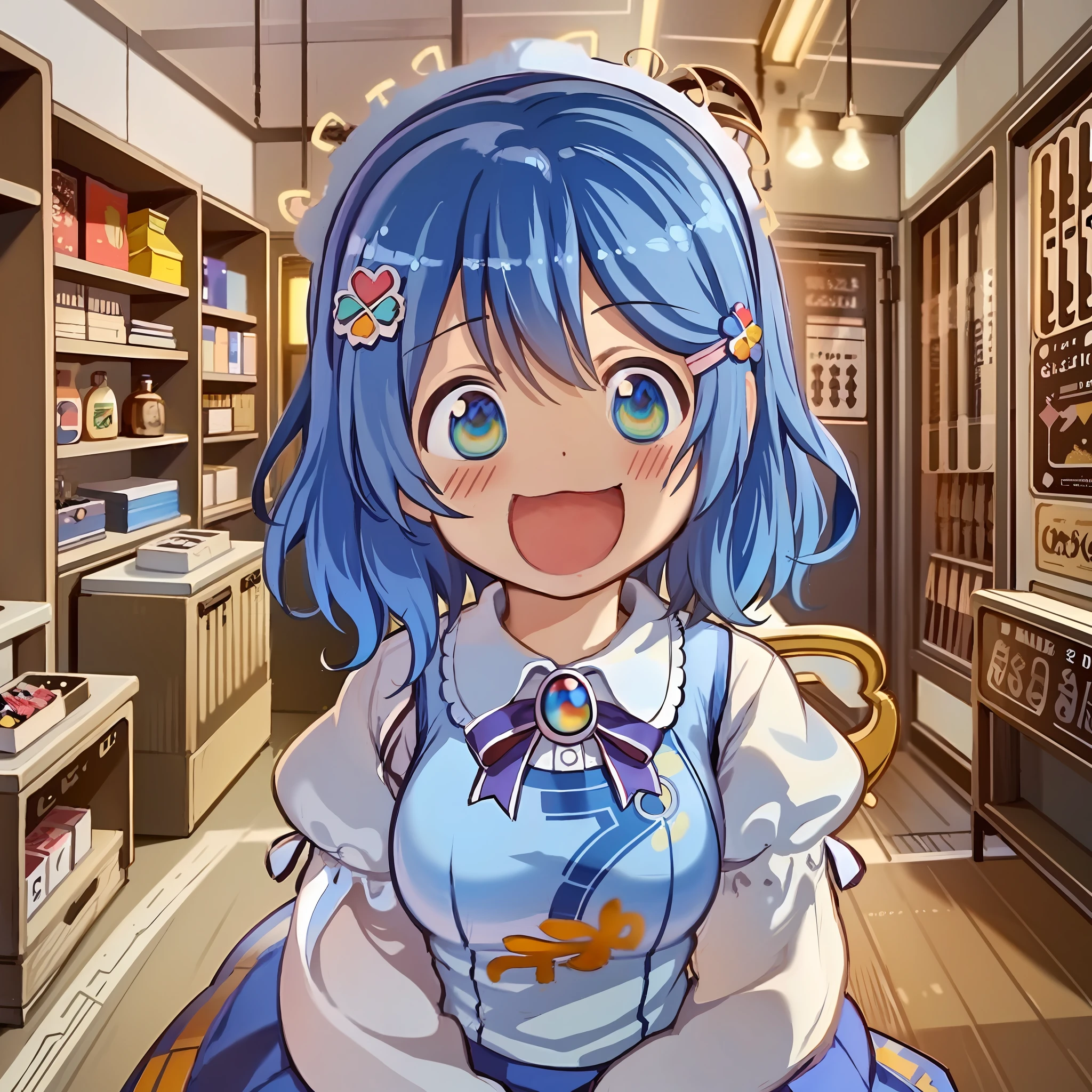 (masterpiece)), ((best quality)),, ((kawaii)), cute, (lovely), , 4K, (8K), best quality, (beautiful),(((world-class quality))), madobe nanami, chibi, laughing, upper body, lite blue hairband, hairclip, hair ornament, long sleeves, lite blue vest