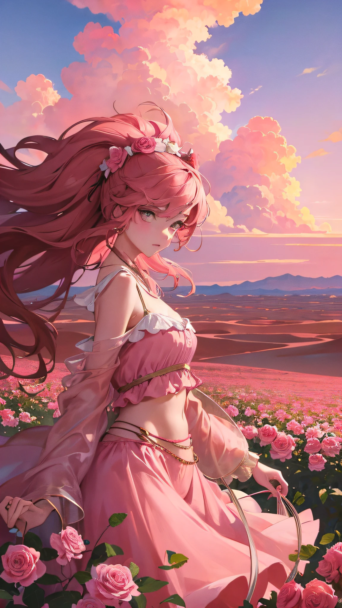 Summer, desert, pink clouds, a land overgrown with roses stands beautiful girl, James Gurney, art station rendered, ultra-wide lens, high definition