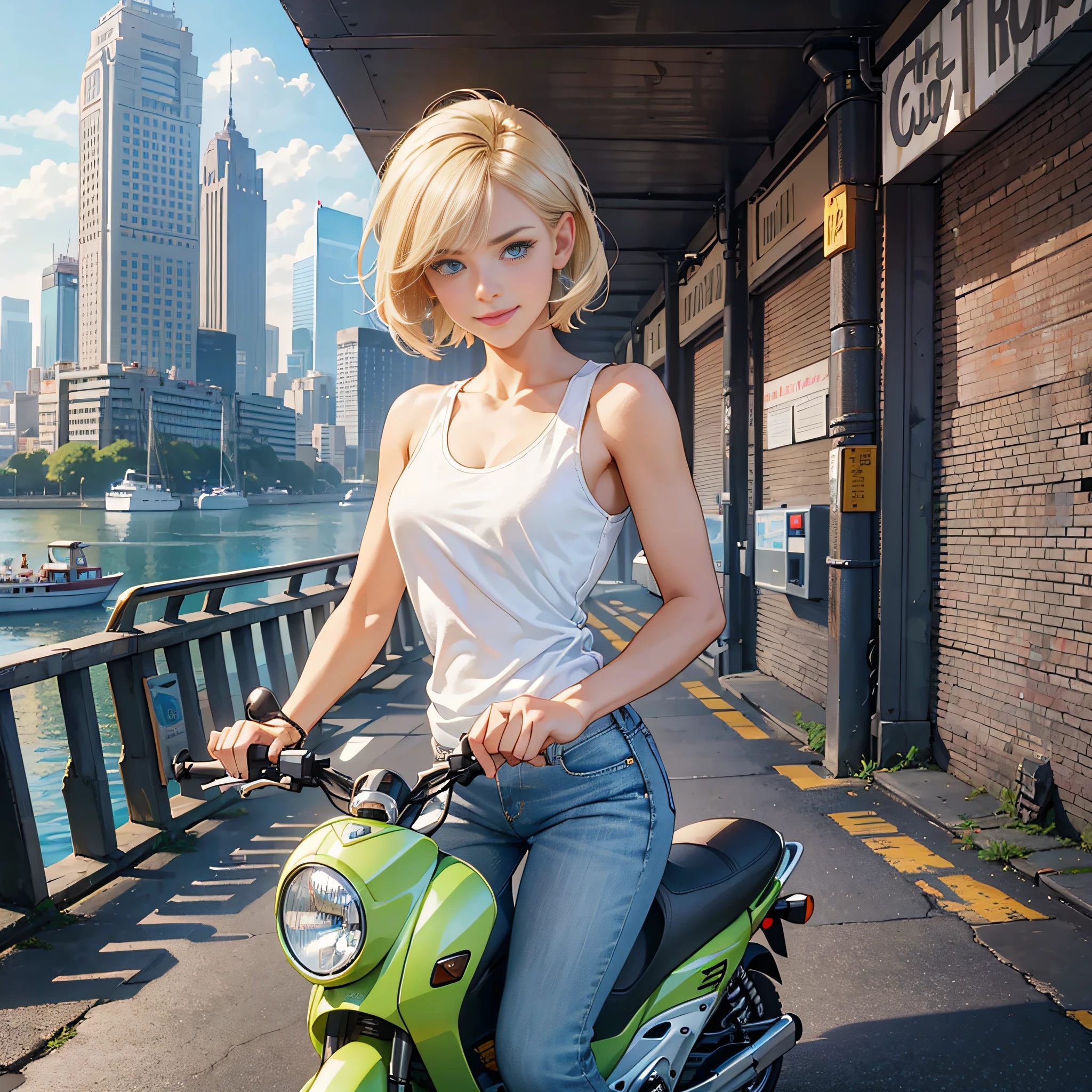 {{masterpiece, best quality, extremely detailed CG, unity 8k wallpaper, cinematic lighting}}, A city with a harbor and an e-scooter. The protagonist is a stunning upper body girl 1 person blonde short bob silver smile, wearing a white tank top, distressed denim shorts, engineer boots, and riding the e-scooter. beauty,