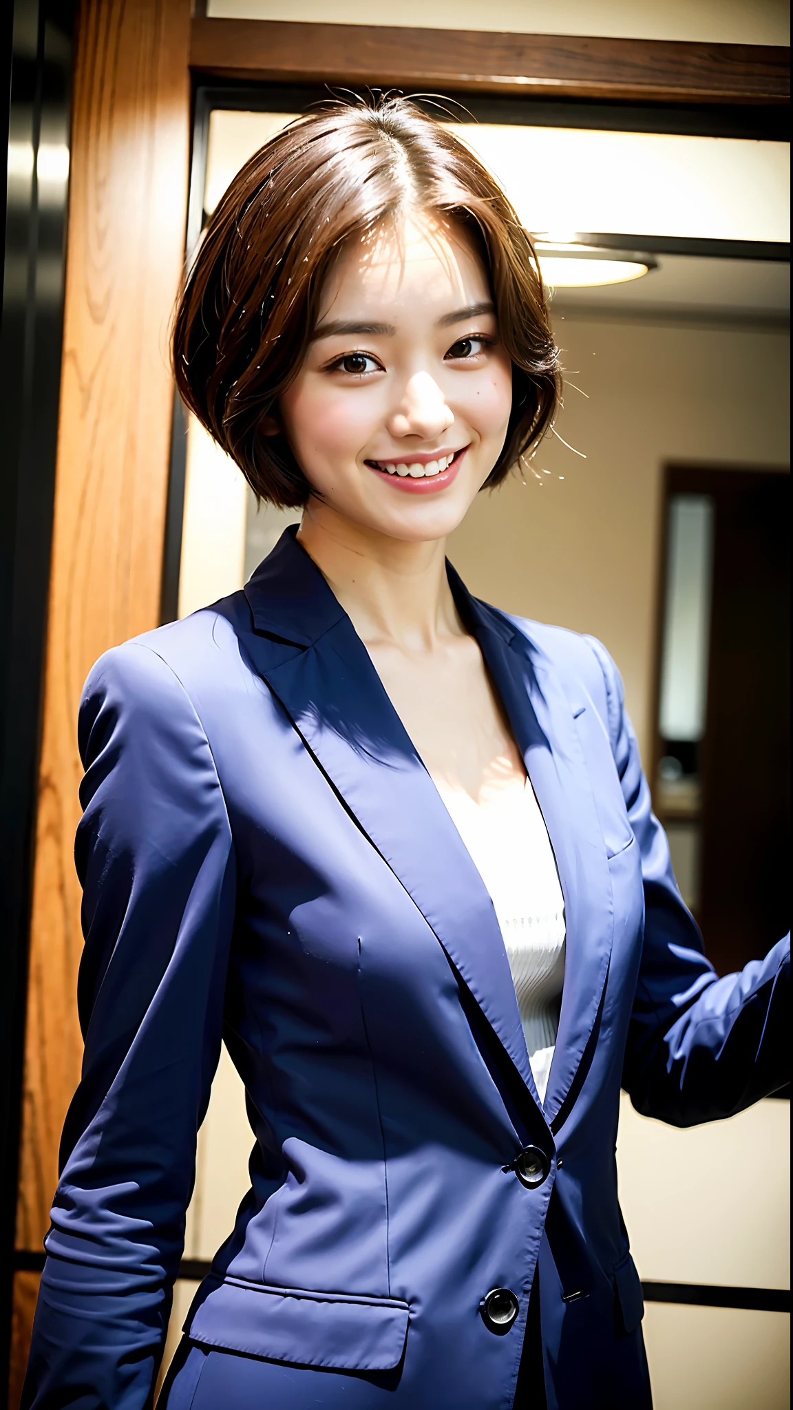 (Top Quality, 8k, 32k, Masterpiece, UHD: 1.2), 1 girl, 20 years old, Beautiful perfect face, pretty Japan, big, suit, natural smile, beautiful eyes, intricate details, fine-grained skin, short hair,