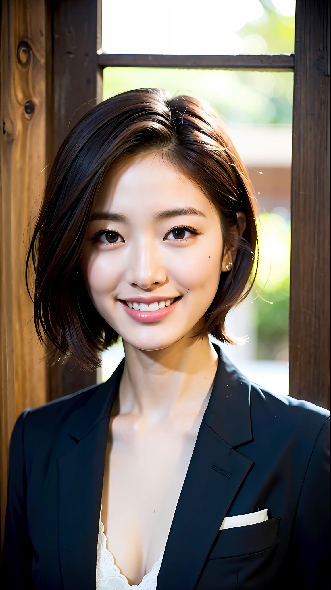 (Top Quality, 8k, 32k, Masterpiece, UHD: 1.2), 1 girl, 20 years old, Beautiful perfect face, pretty Japan, big, suit, natural smile, beautiful eyes, intricate details, fine-grained skin, short hair,