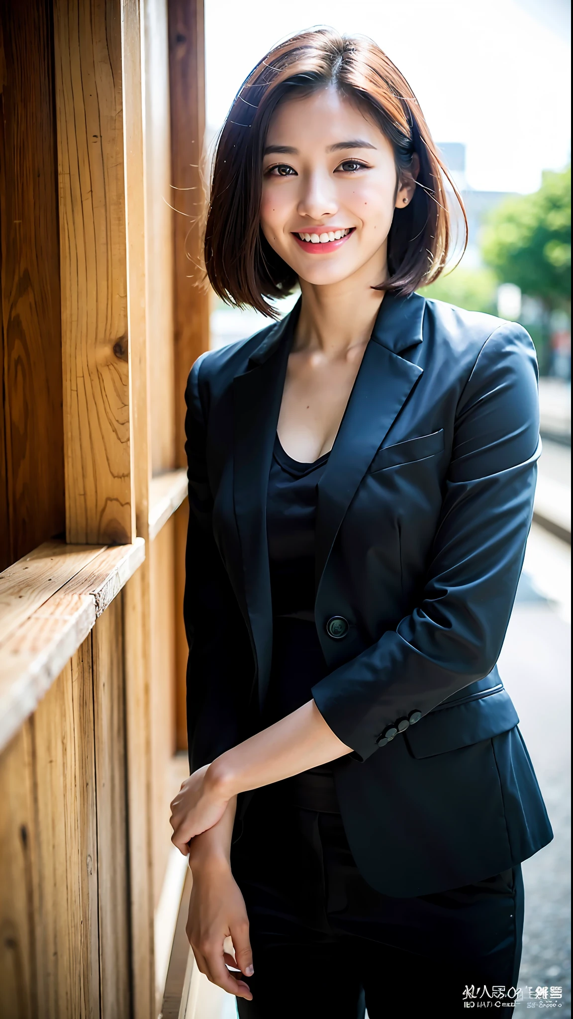 (Top Quality, 8k, 32k, Masterpiece, UHD: 1.2), 1 girl, 20 years old, Beautiful perfect face, pretty Japan, big, suit, natural smile, beautiful eyes, intricate details, fine-grained skin, short hair,
