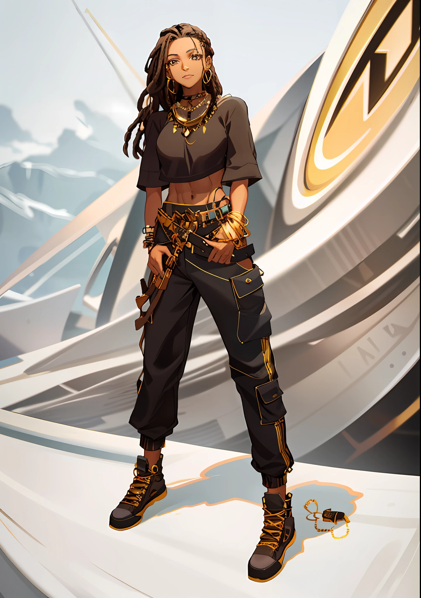a black woman with long dreadlocks wearing a brown tshirt. her abs are visible under her short tshirt. she is wearing some dark golden tribal necklace and jewelry on her hips. she is wearing a dark brown cargo pant and some black sneakers. her hands are inside her cargo pants. she has some ear piercings