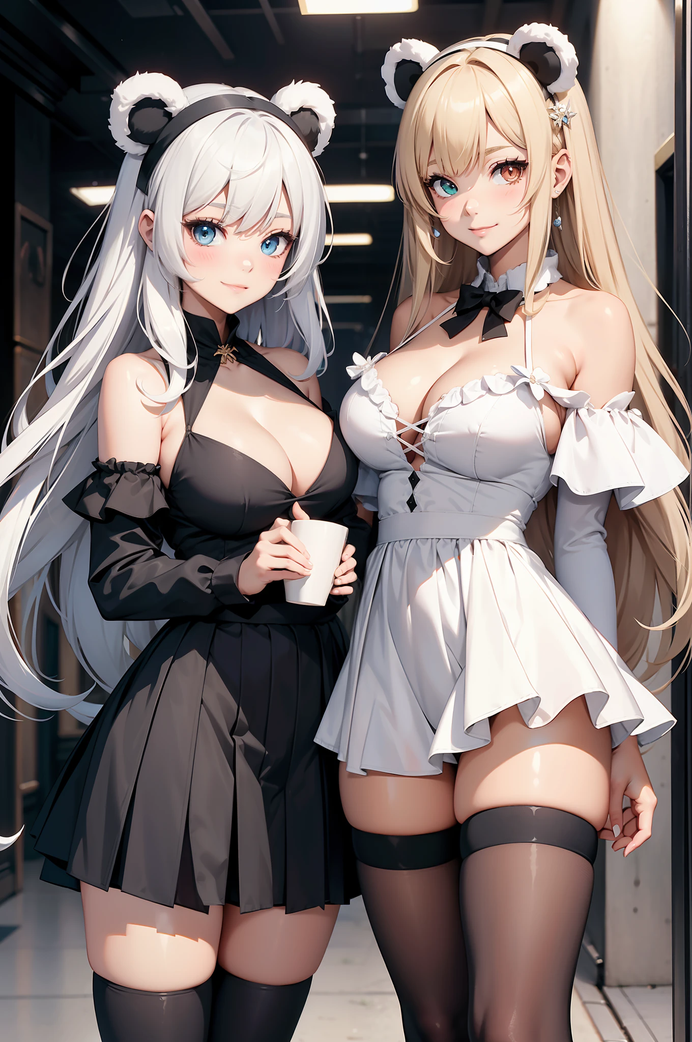 (((masterpiece))), ((best quality)), detailed, thighs, 2 girls,, multiple girls, panda ears, animal ears, long hair, skirt, blonde hair, white hair, zettai ryouiki, bear ears, big, holding, cup, heterochromia, cleavage, smile, looking at viewers, thighs, bare shoulders, off-the-shoulder, skindentation, blurry background