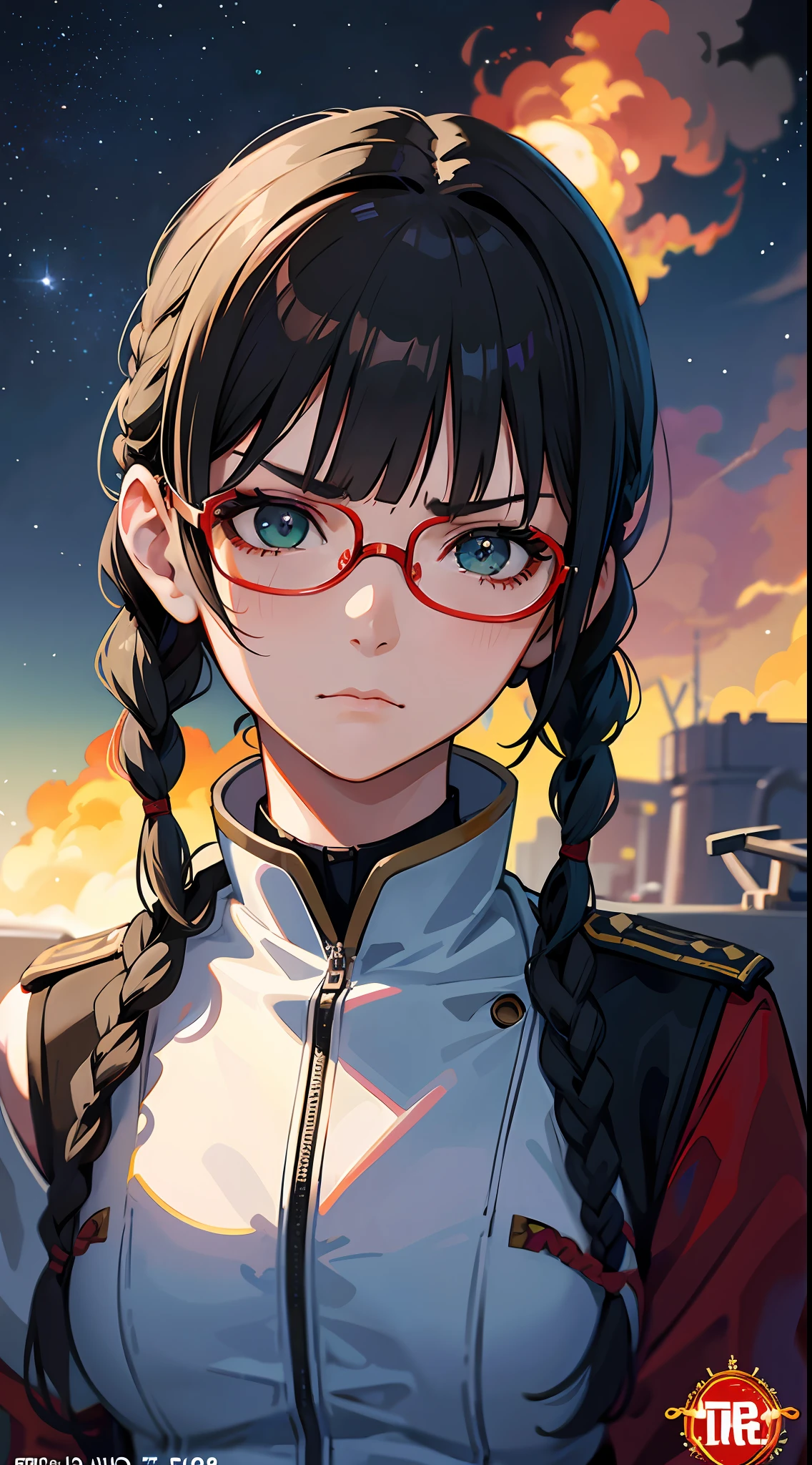 Movie Poster,((Braid Hairstyle : 1.5)),Anime Reference 86 ,Science Fiction,Sci-Fi,Movies,War Action Movies,Space,Atmosphere,Sky,Battleship,Multiple Characters,Women,Adults,Green Eyes,Black Hair,(Pia bangs hairstyle) : 1.8 ),(Red Glasses),General Uniform,White Commander Uniform,Serious Face Frowning,Realistic Face Detail,Realism,3D Face,