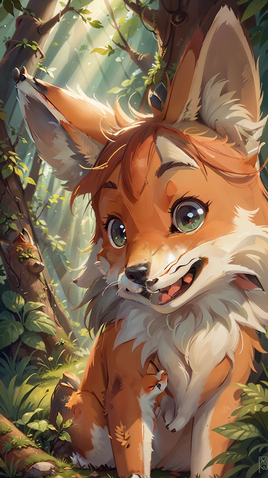 A smiling fox, in the forest illuminated by sunlight.