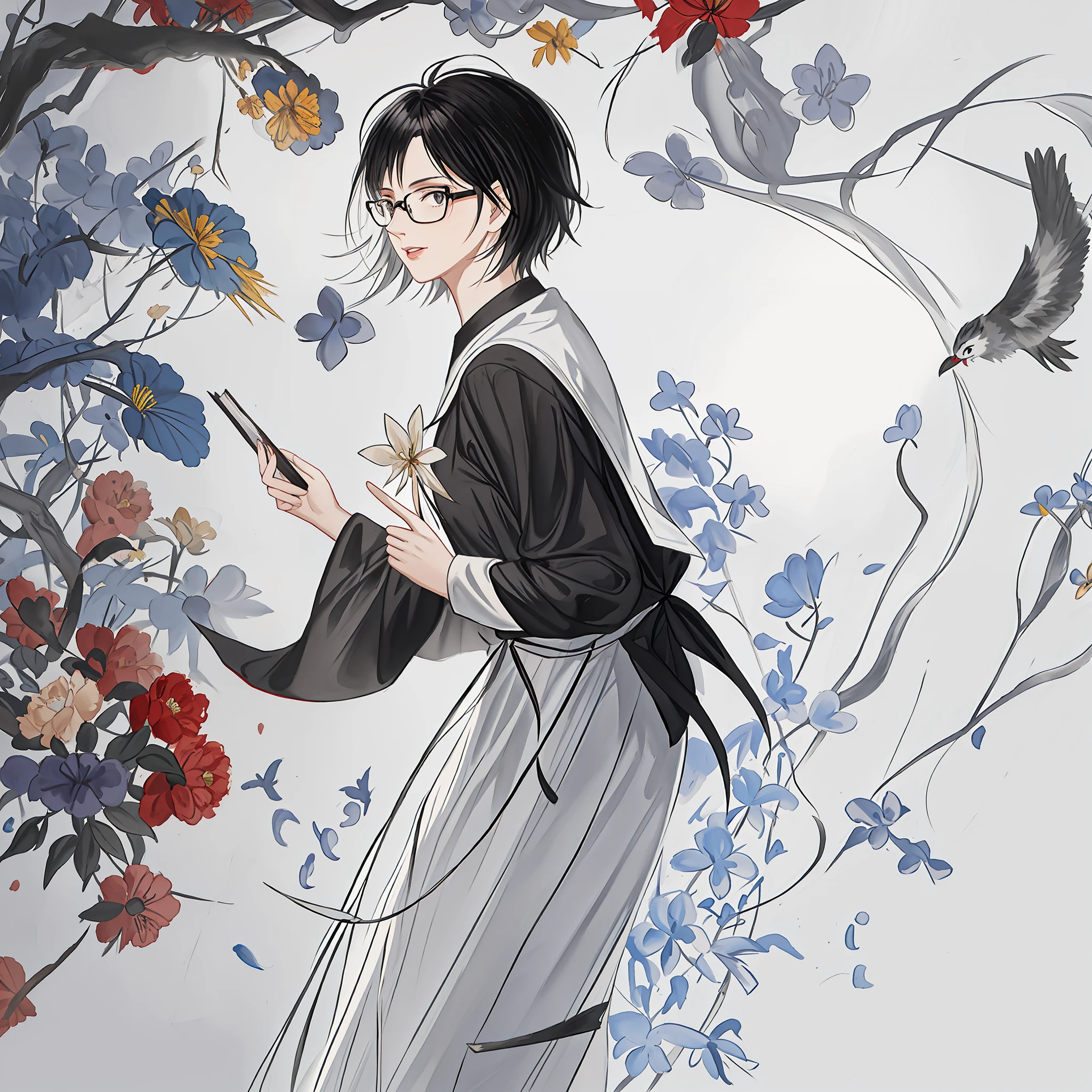 Short hair, middle-aged woman, teacher, holding a book, wearing a white shirt, black pants, black-framed glasses, white background plate