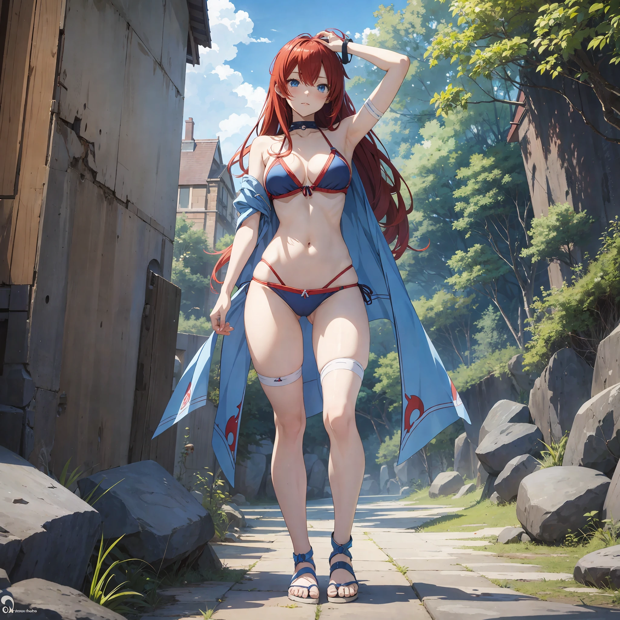 Masterpiece, anime girl, detailed, blue eyes, red hair, esrilo anime, well drawn, small bikini, very large breasts, anime, full body, model pose, anime, marked, tight panties, panties a little lowered --auto --s2