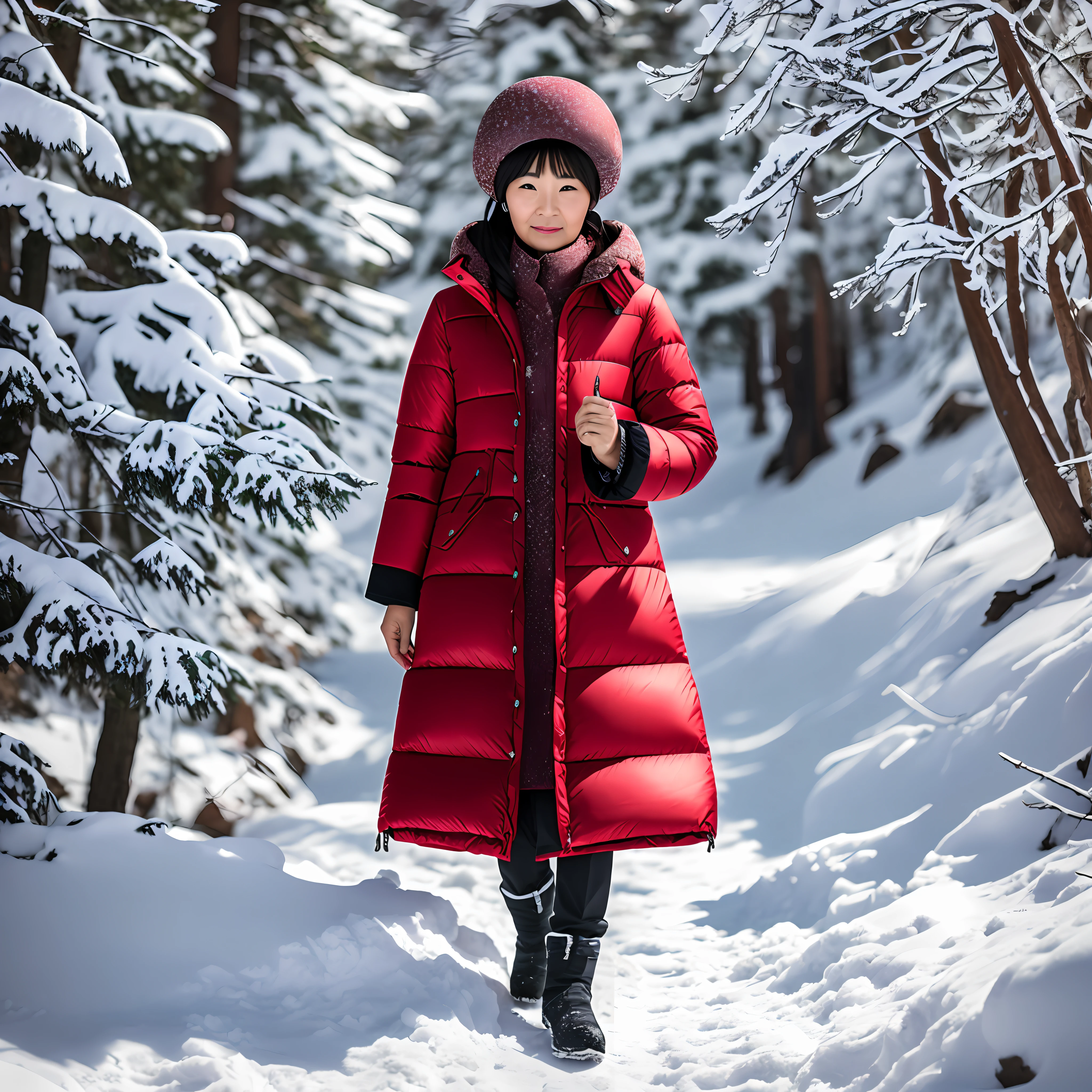 Chinese 45 years old woman, character costume, snow mountain, best quality, single full body photo, everyday photo, Sony A7M4, F1.6 lens, stereo light, long Yalu down jacket, natural light, real pictures --auto --s2
