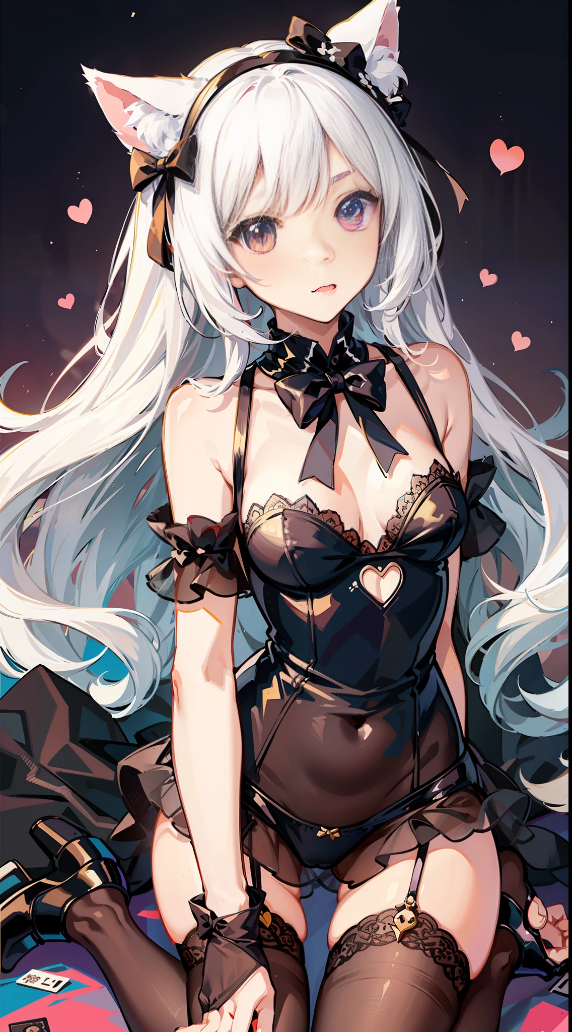 Catgirl, Young girl, Cute, Soft body, White hair, Cat ears, Cat tail, A-cup size, Petite figure, Gentle personality, Dependence on owner, Loyalty, Mini dress, Lace stockings, High heels, Headband, Bow, Sweet temperament,身高153cm,萝莉