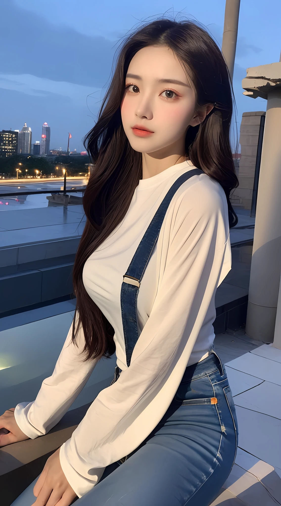 ((Midnight, Excellent, 8K, Masterpiece: 1.3)), Full body, Long legs, Focal length: 1.2, Perfect Body Beauty: 1.4, Slim Abs: 1.1, ((Dark Brown Hair, Big Breasts: 1.2 )), (White Skinny T-shirt, Denim Biggets, Standing: 1.2), ((City Night View, Roof: 1.3)), ((Front Shot)), ((White T-shirt)), (Front Gaze Lens) Highly detailed facial and skin texture, Detailed eyes, Double eyelids