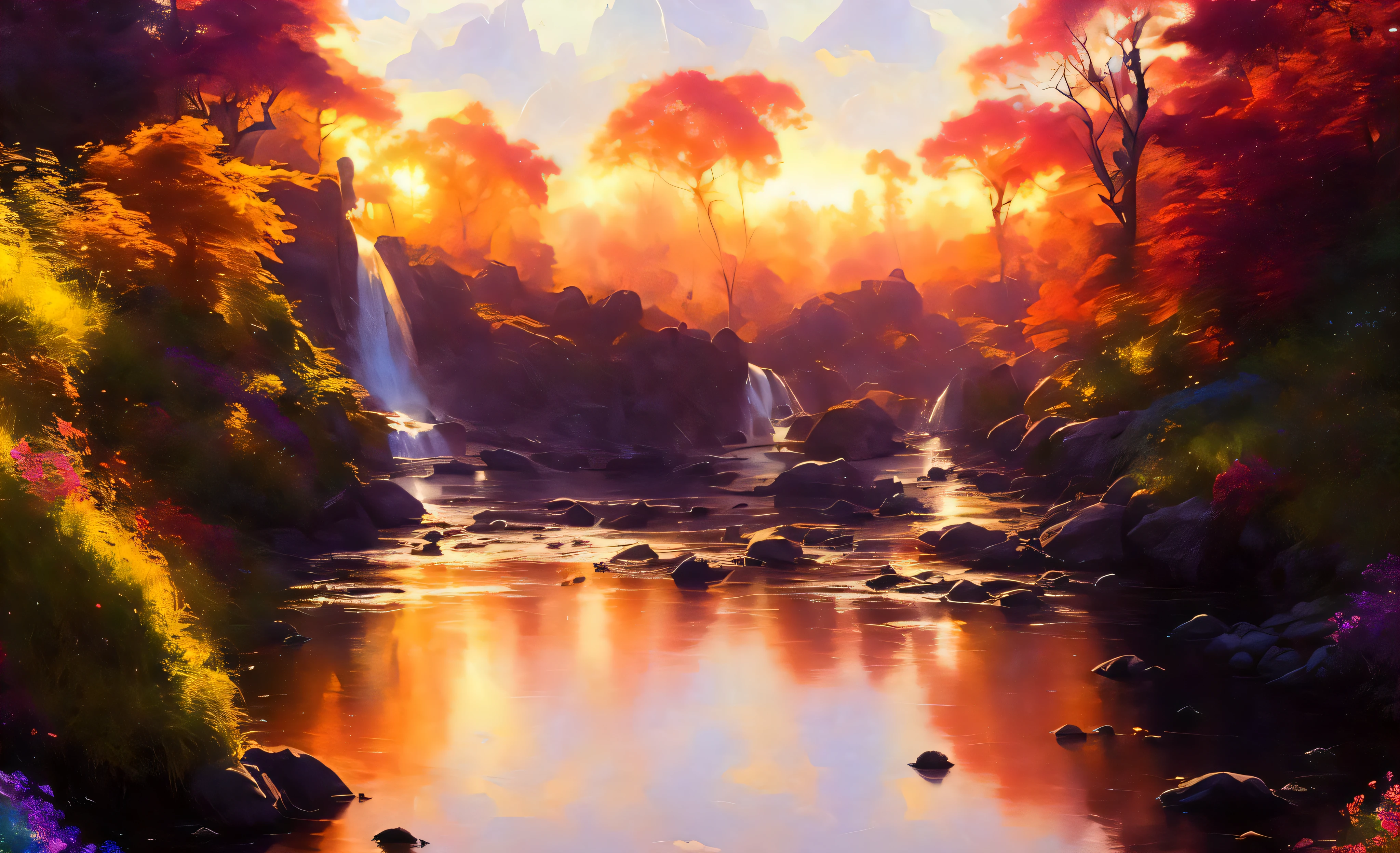 analog style,ChromaV5,nvinkpunk,(extremely detailed CG unity 8k wallpaper),A Illustration of a bright and majestic waterfall cascading down a rocky cliff, illuminated by the shining sun, The water sparkles as it falls, casting a rainbow of colors, the surrounding landscape is lush and verdant, with tall trees and wildflowers,award winning photography, Chromatic Aberration; Geometric Shapes; Bokeh, Depth of Field, Photorealistic, Detailed, Bloom, HDR , oil painting by John Singer Sargent, Frederic Church, and Thomas Moran,trending on ArtStation, trending on CGSociety, art by midjourney