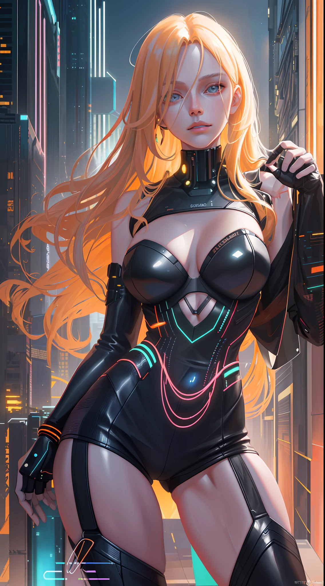beautiful mature Swedish girl, (extra long curly blond hair), slim body, portrait, in a high detailed deep cleavage sexy futuristic cyberpunk dress made of circuit boards, the cyberpunk megacity environment, neon lights, skyscrapers, street vendors, (dslr), photorealistic, photo, masterpiece, realistic, realism, photorealism, high contrast, photorealistic digital art trending on Artstation 8k HD, high definition detailed realistic skin, detalied texture, best quality, ultra high res, (photorealistic:1.4), Fujifilm XT3, high resolution, detailed, raw photo, sharp re, rich colors, hyper realistic lifelike texture, dramatic lighting, unreal engine, trending on artstation cinestill 800