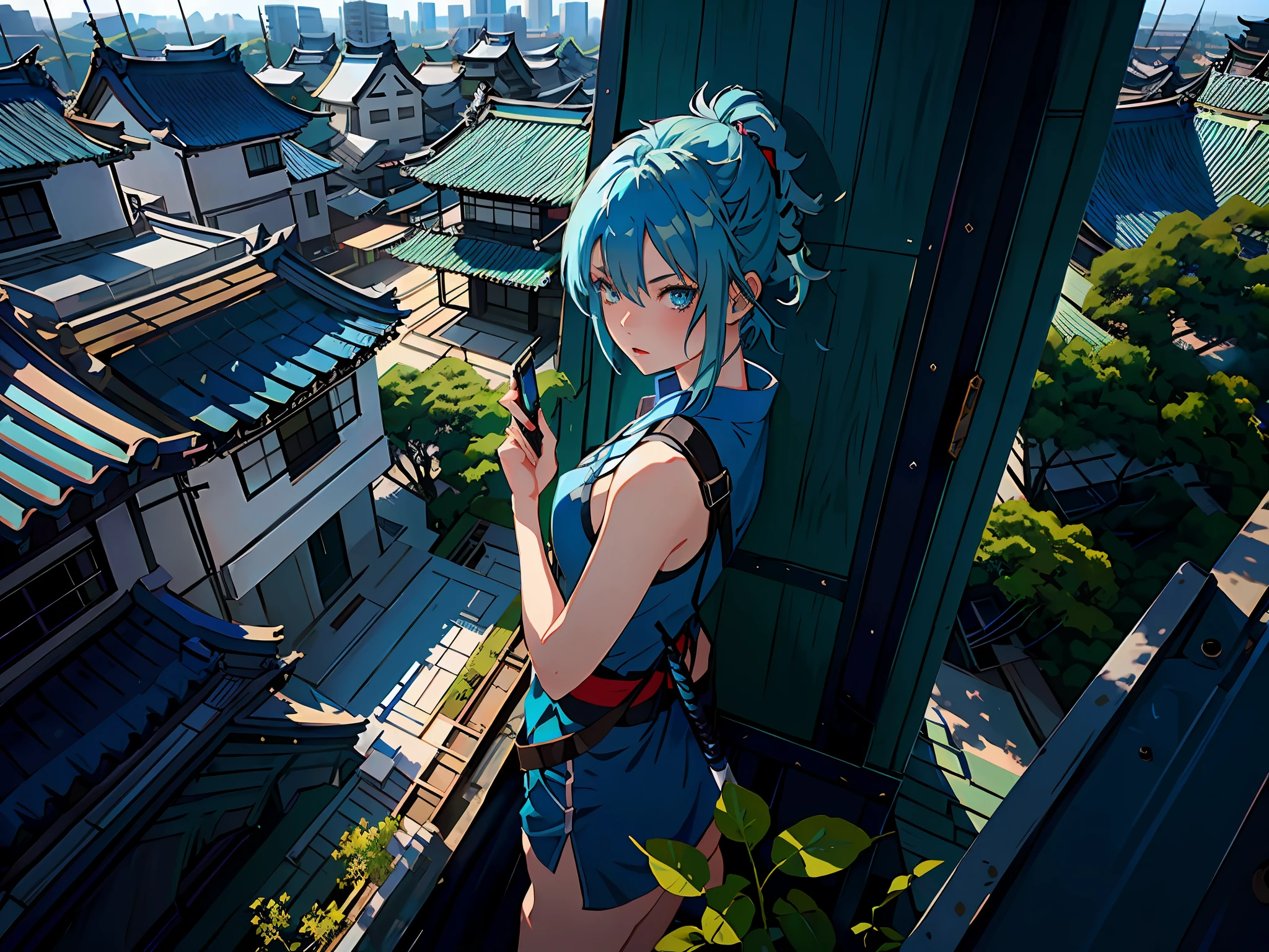 1girl, blue hair, green-blue eyes to be against an azure sky, on the roof of the tokyo house, with a katana on her back, holding her phone in her hands