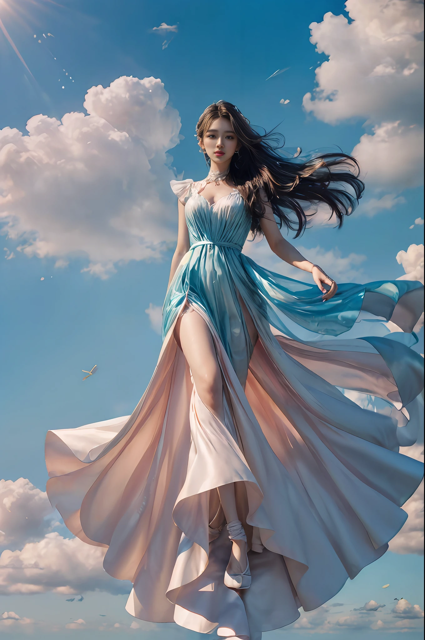 (8k, RAW photo, photorealistic:1.25), ( lip gloss, eyelashes, glossy side, shiny skin, best quality, ultra high resolution, depth of field, chromatic aberration, caustics, wide light, natural shadows, headwear, Kpop idol), (dreamy and romantic compositions: 1.5), light pink style, 1girl, (sky witch: 1.5), tall and thin beauty goddess, flowing dress, conservative girl, cloud goddess, flowing reality fabric, wearing flowing dress, realistic, blue sky in background, (wind: 1.5), (half: 1.5), add_detail,