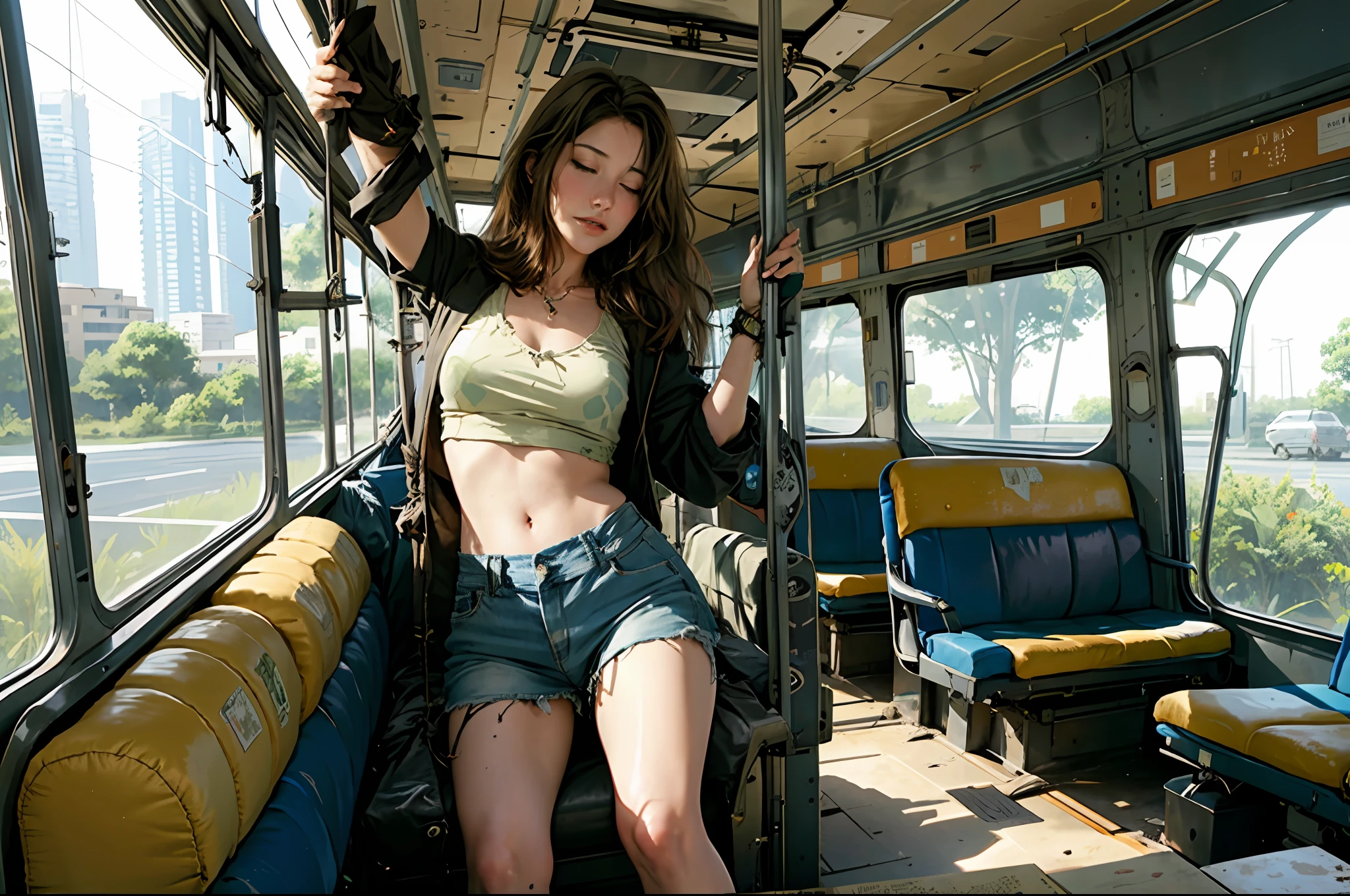 best quality, ultra high resolution, perfect anatomy,1 beautiful woman,seat,closed eyes,bus,open legs,bumpy exposure panties,closed eyes,front view, there are many empty seats on a bus with a view of the field, deserted, an abandoned, completely empty, by Nathalie Rattner, public bus, bus, buses, abandoned bus stop, abandoned, an abandoned old, by Alison Geissler, an abandoned rusted train, ( ( ( buses, by Edward Avedisian, by Robert Jacobsen