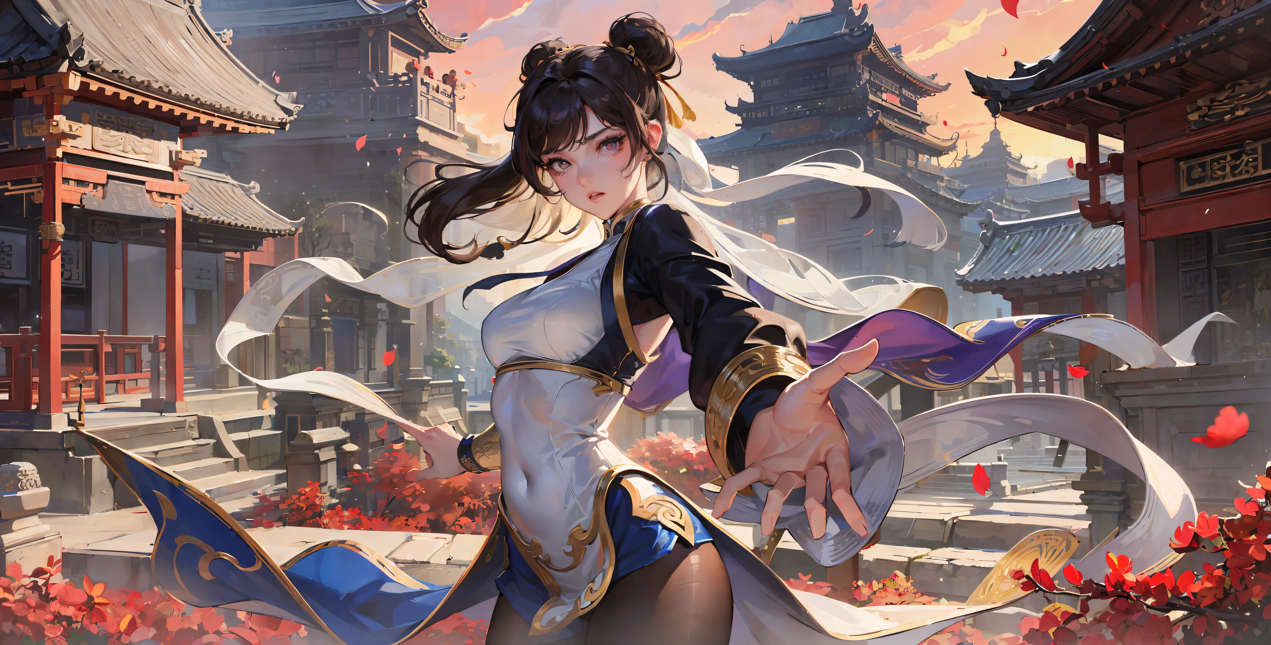 ((Best Quality, 8K, Masterpiece: 1.3)), Chun Li, Masterpiece, Ultra Detail, Ultra HD, 8K, ((Black Pantyhose)), White High Boots, Street Fighter Chun Li, 1girl, Solo, Best Quality, Realistic, Ultra Detailed, (Shiny Skin, Sweating: 1.4), Looking at the Audience, Brown Eyes, Slender, Dynamic Light and Shadow, High Resolution, Sharp Focus, Depth of Field, Fine Eyes, Sharp Pupils, Realistic Pupils, (Thigh Thickness: 1.3), Outdoor, Sky, Detailed Eyes, Backlight, Best Light and Shadow, Intricate Details, Ultra-Detailed Details, Capcom Chunli, Upper Body Close-up, Small Thin Waist, Slim Belly, Character Standing, Sideways, Looking Back, Big Eyes, Long Eyelashes, Delicate Nose, Instagram Style Girl, Kung Fu Pose, (Upper Portrait: 1.5), Above the Waist Frame, Perfect Digital Illustration, Computer Background, Wind, Petals, Long Flowing Hair, Artistic Conception, Messy Red Petal Background, Ancient Chinese Buildings, Temples, Temples, Mountain Roads in the body