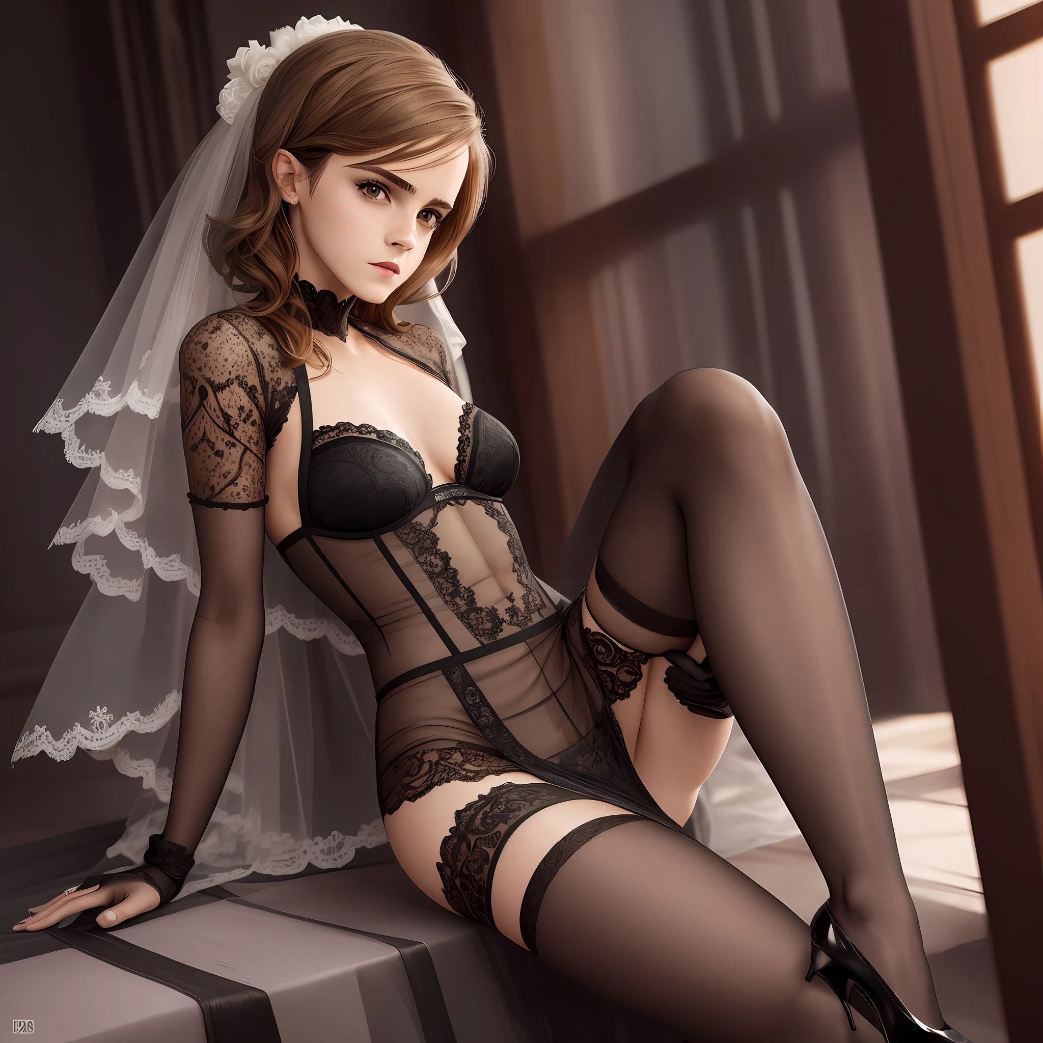 emma watson, sexy, stockings, heels, full body shot, corsait, bride, lipstick, hot attractive female, detailed face, high resolution, 4k, sexy lace clothing, long gloves, miniskirt, looking at viewer --auto --s2